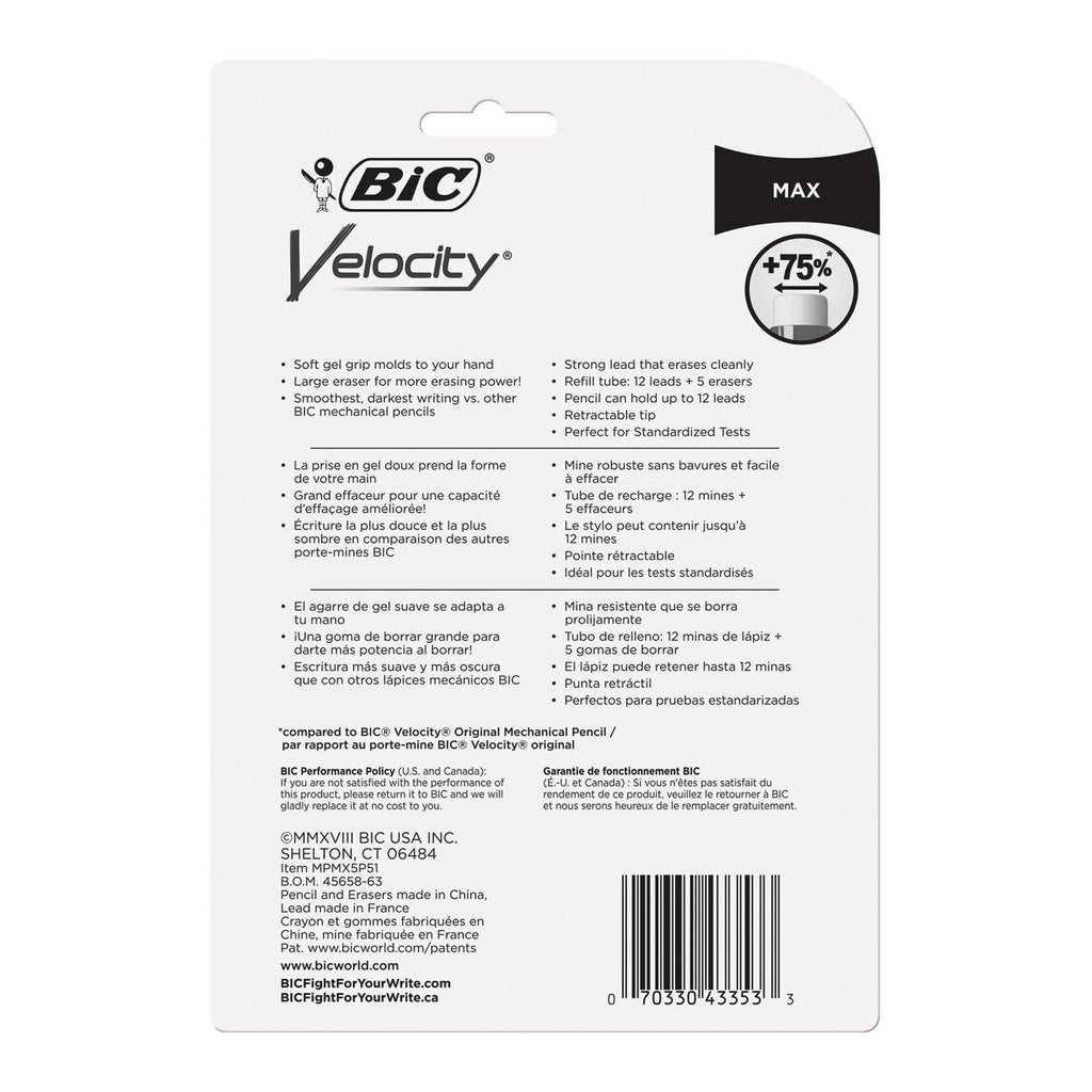 BIC Velocity Max Pencil, 0.5 mm, HB (#2), Black Lead, Assorted Barrel Colors, 5/Pack
