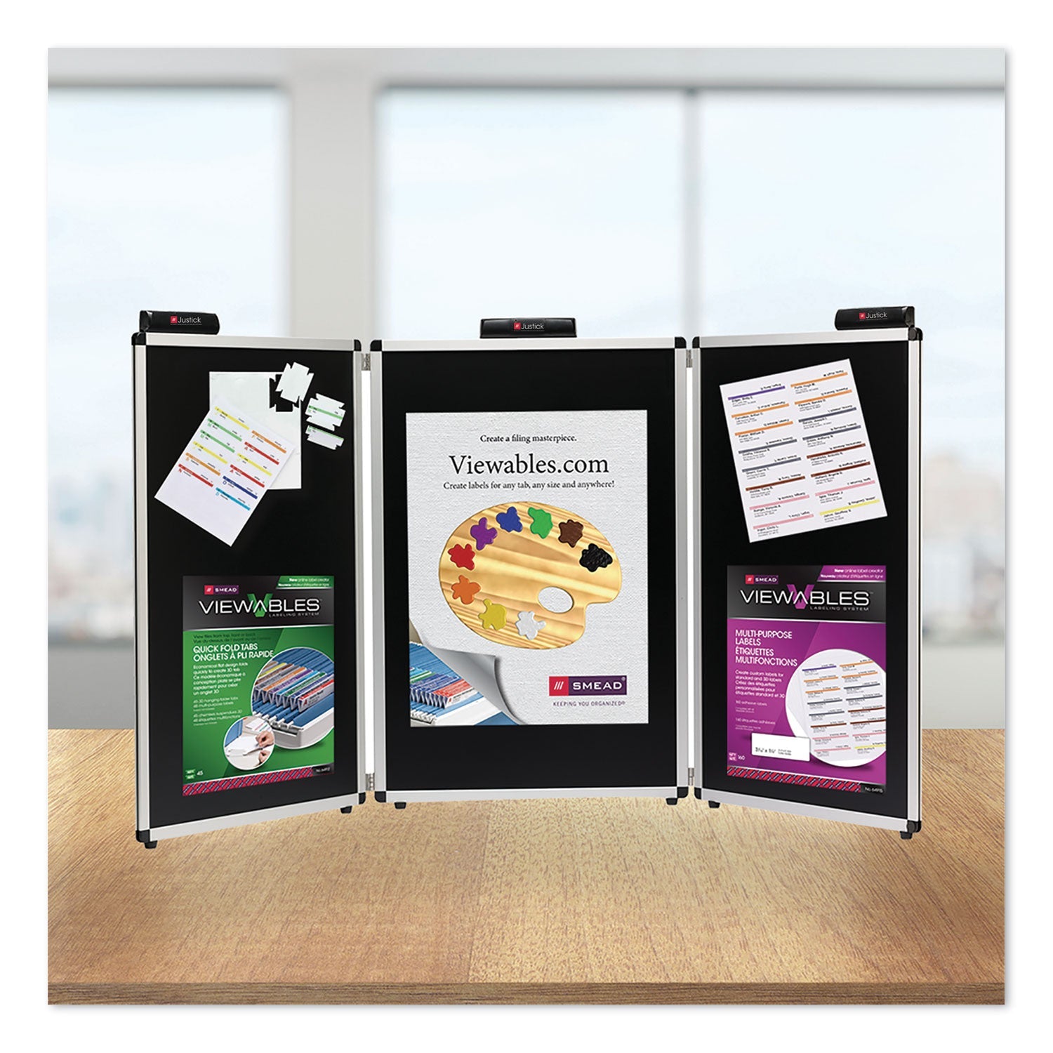 Smead Justick Three-Panel Electro-Surface Table-Top Expo Display, 72" x 36", Black