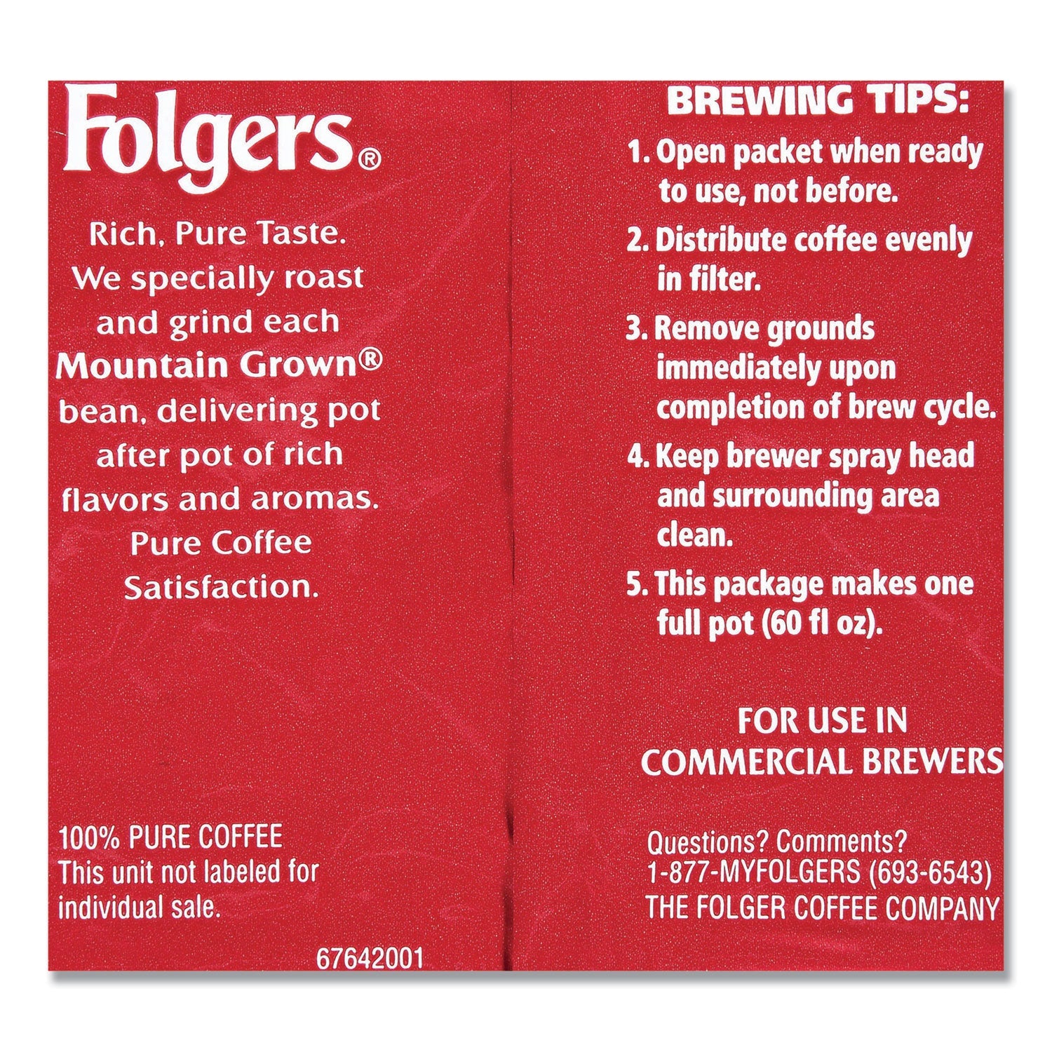 Folgers Coffee, Fraction Pack, Classic Roast, 1.5oz, 42/Carton