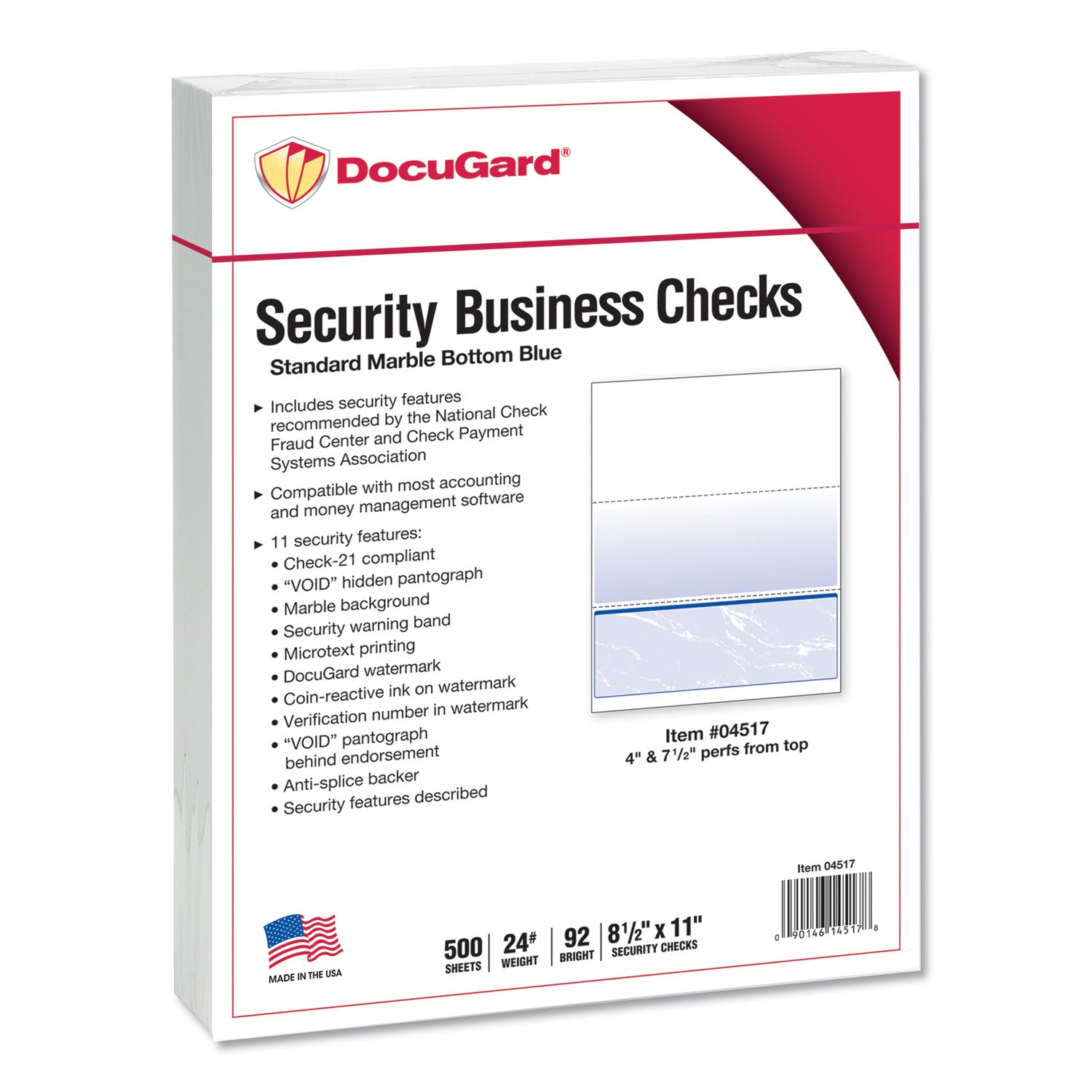 DocuGard Standard Security Check, 11 Features, 8.5 x 11, Blue Marble Bottom, 500/Ream