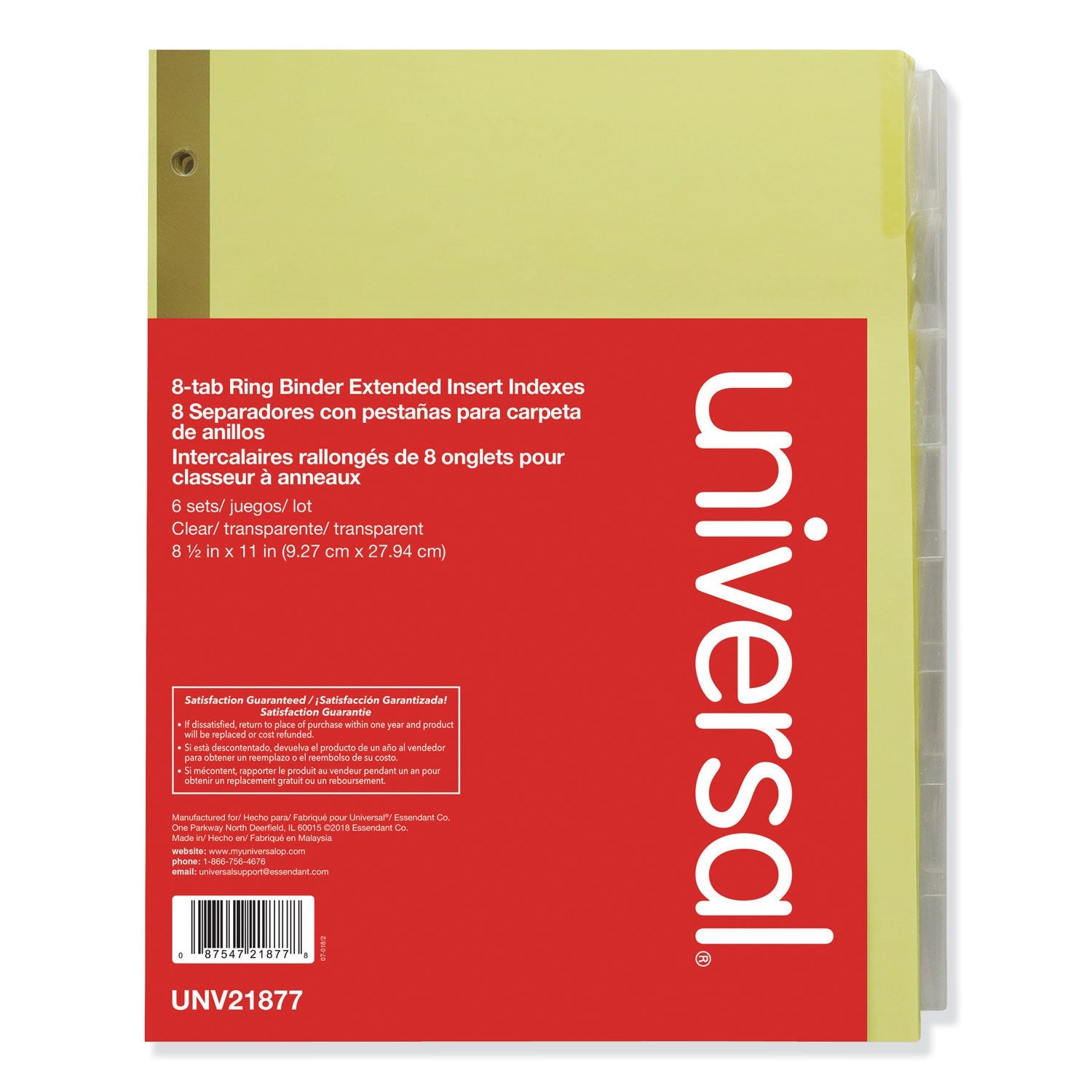 Universal Deluxe Extended Insertable Tab Indexes, 8-Tab, 11 x 8.5, Buff, Clear Tabs, 6 Sets