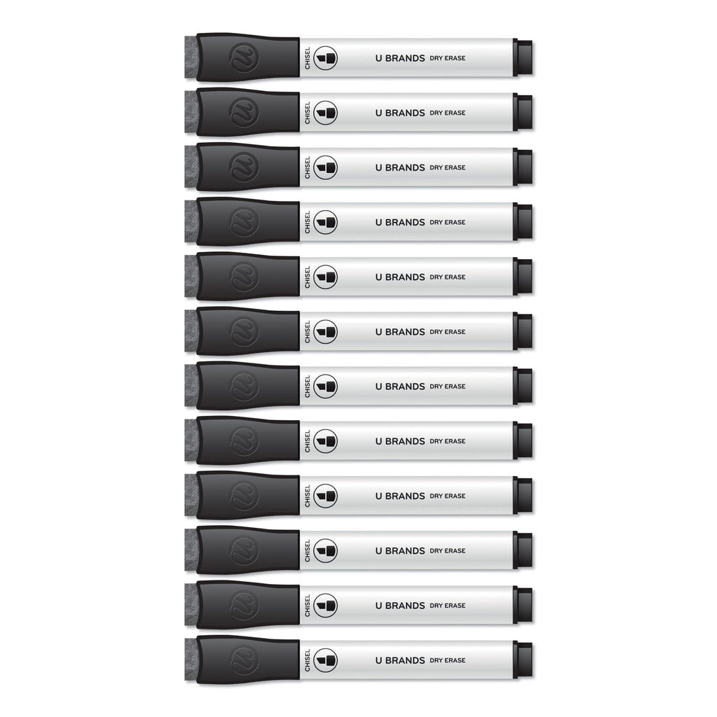 U Brands Chisel Tip Low-Odor Dry-Erase Markers with Erasers, Broad Chisel Tip, Black, Dozen