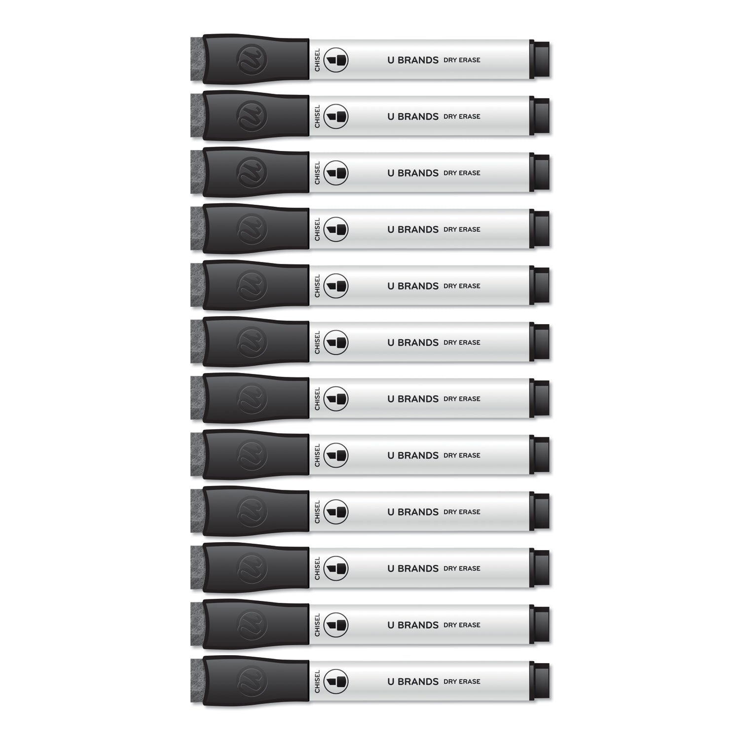 U Brands Chisel Tip Low-Odor Dry-Erase Markers with Erasers, Broad Chisel Tip, Black, Dozen