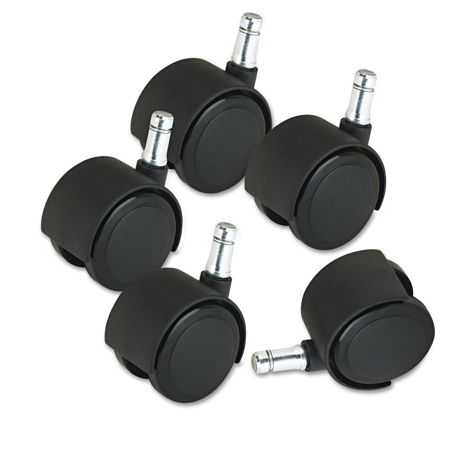 Master Caster Deluxe Duet Casters, Grip Ring Type B and Type K Stems, 2" Hard Nylon Wheel, Matte Black, 5/Set