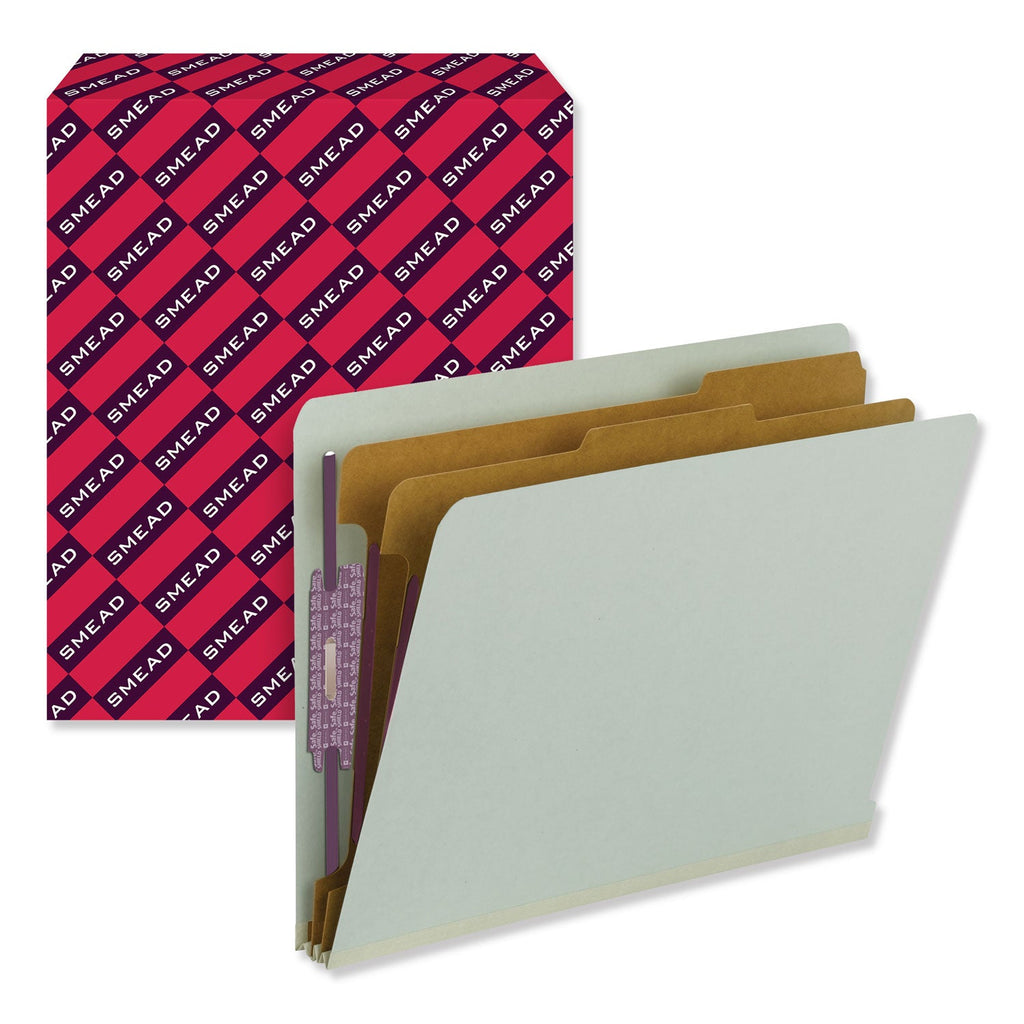 Smead End Tab Pressboard Classification Folders with SafeSHIELD Coated Fasteners, 2 Dividers, Letter Size, Gray-Green, 10/Box