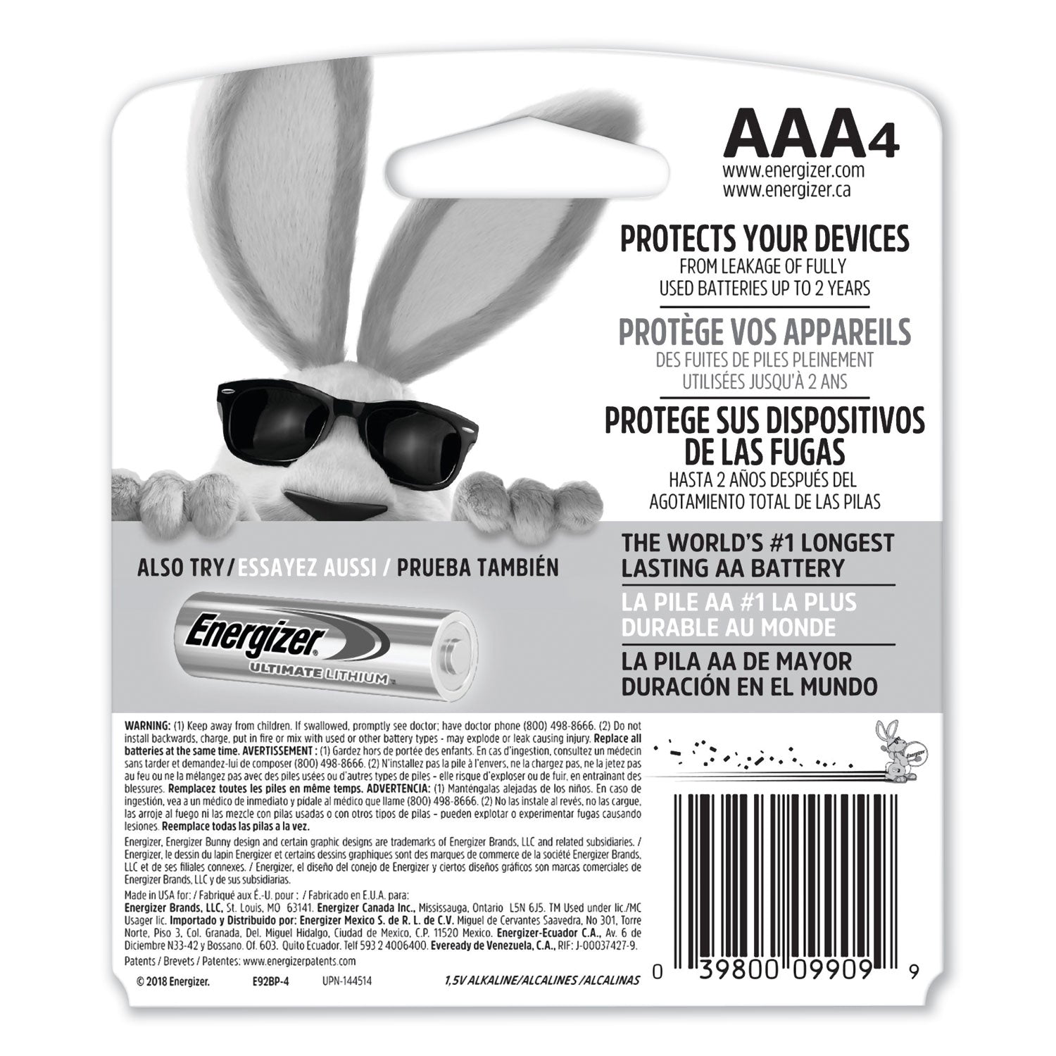 Energizer MAX Alkaline AAA Batteries, 1.5 V, 4/Pack