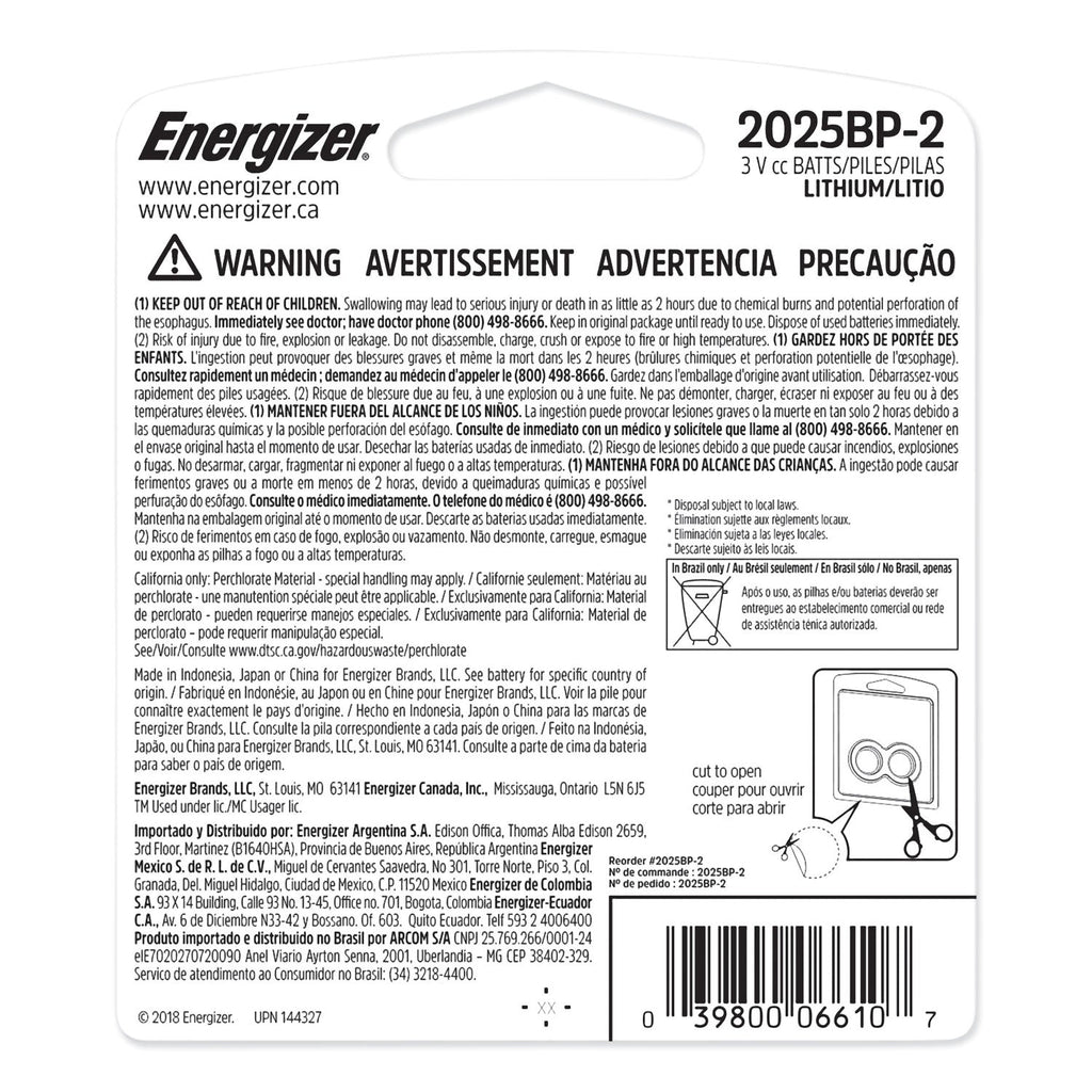 Energizer 2025 Lithium Coin Battery, 3 V, 2/Pack