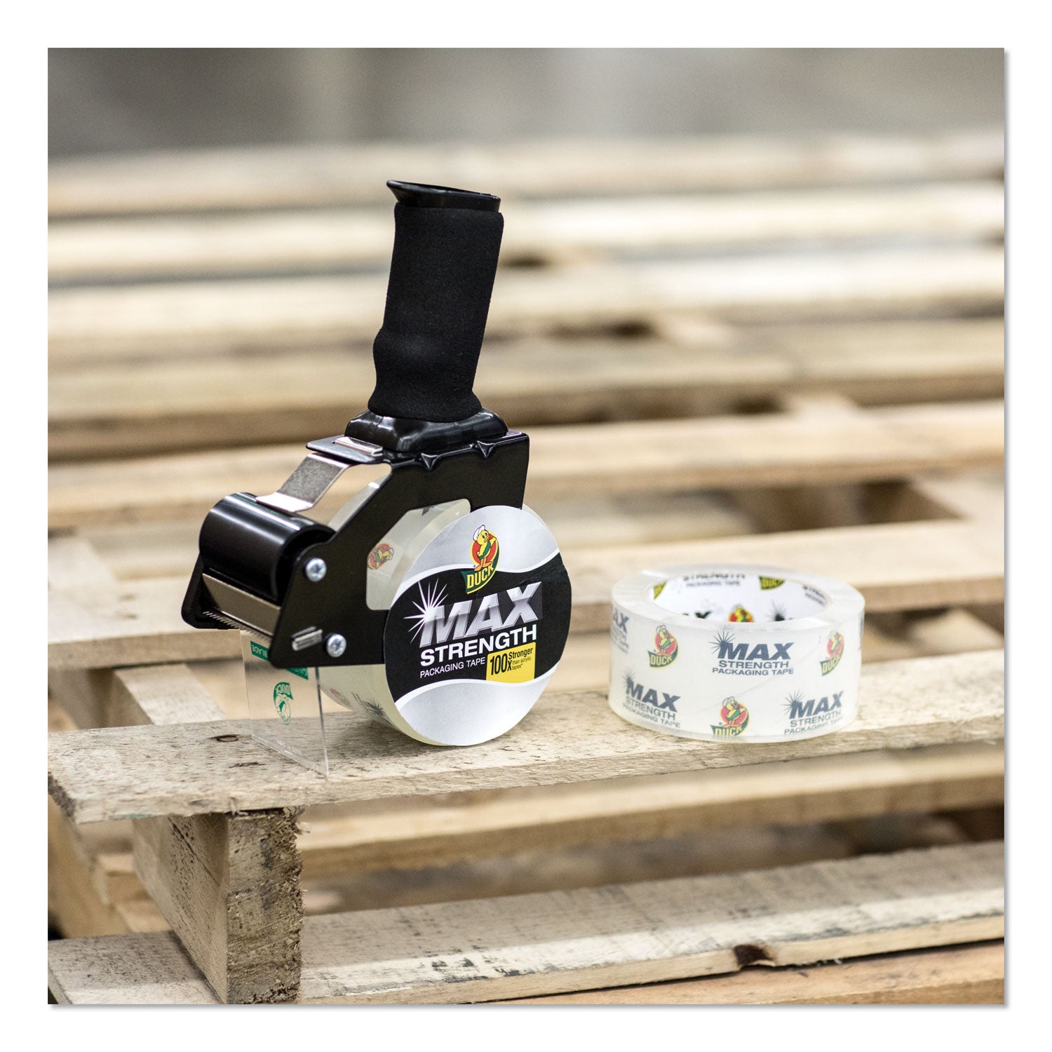 Duck MAX Packaging Tape with Pistol Grip Dispenser, 3" Core, 1.88" x 54.6 yds, Crystal Clear