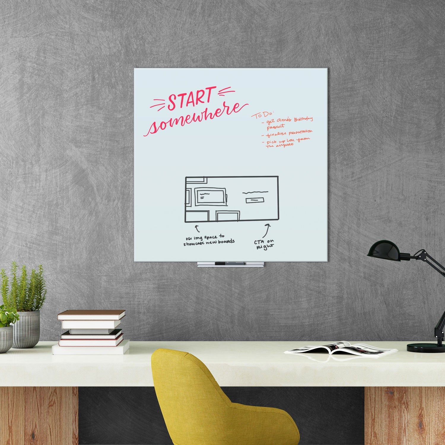 U Brands Floating Glass Dry Erase Board, 36 x 36, White