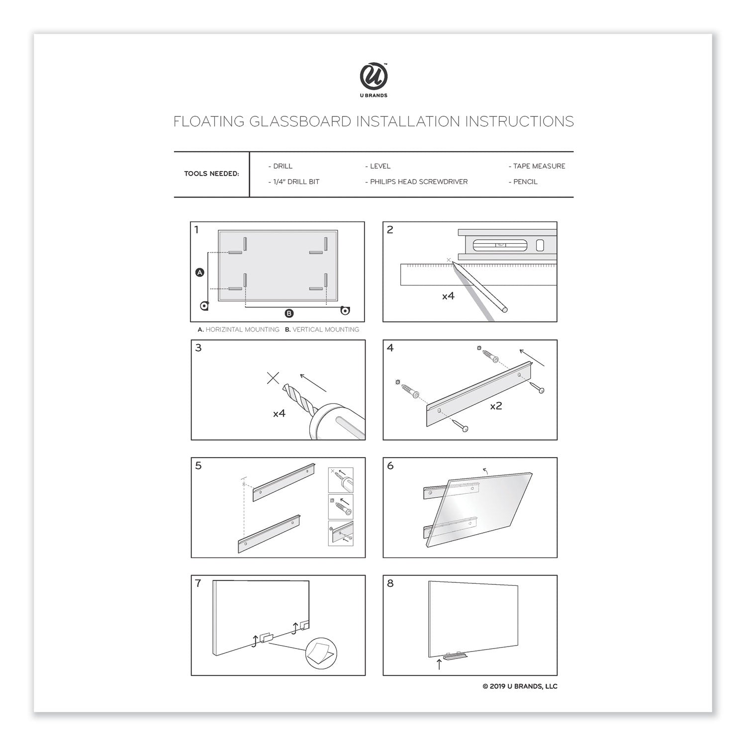 U Brands Floating Glass Dry Erase Board, 36 x 36, White