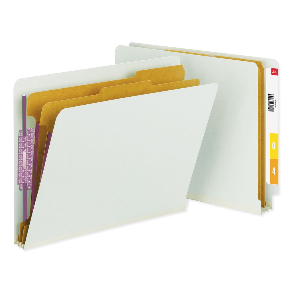 Smead End Tab Pressboard Classification Folders with SafeSHIELD Coated Fasteners, 2 Dividers, Letter Size, Gray-Green, 10/Box