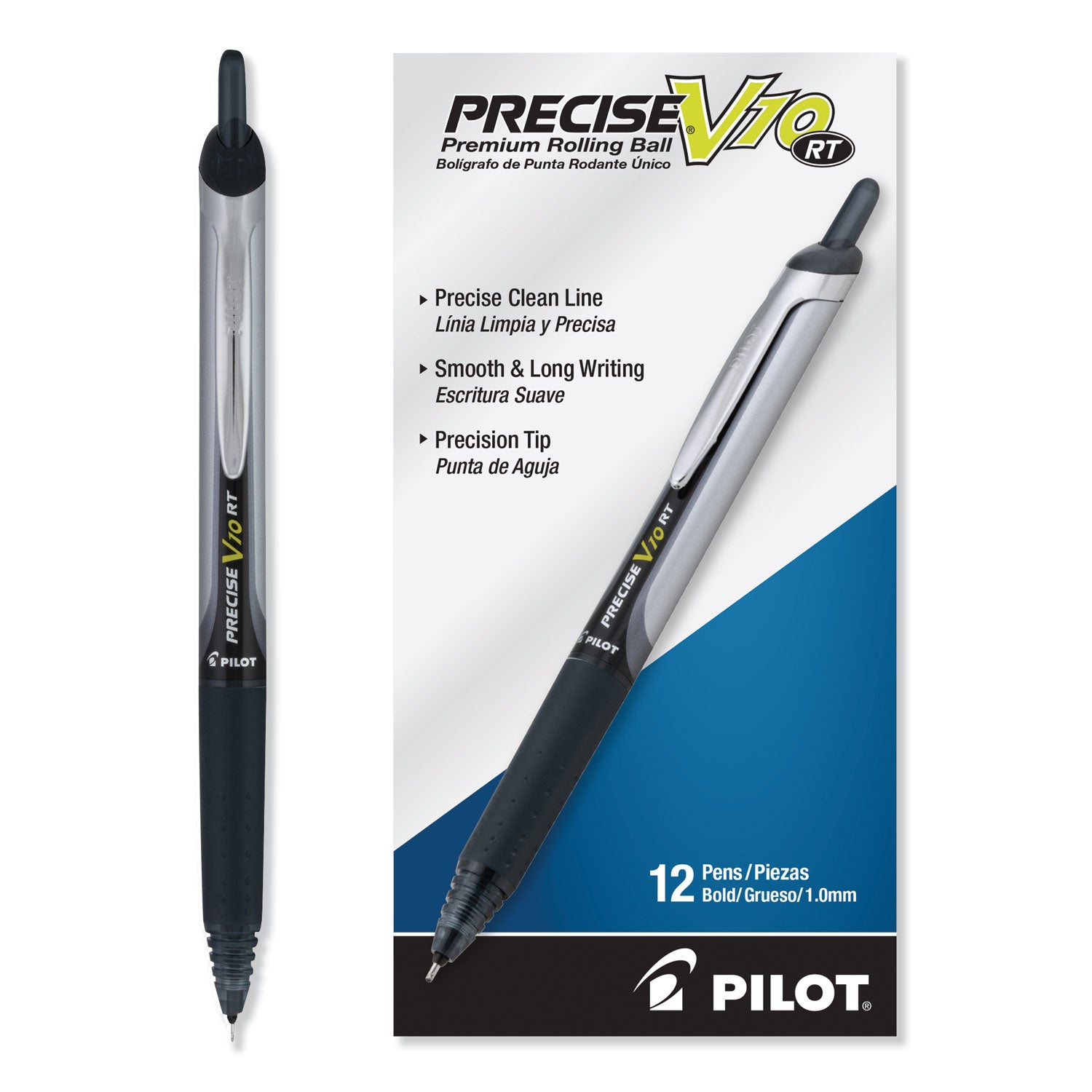 Pilot Precise V10RT Roller Ball Pen, Retractable, Bold 1 mm, Black Ink, Black Barrel, Dozen
