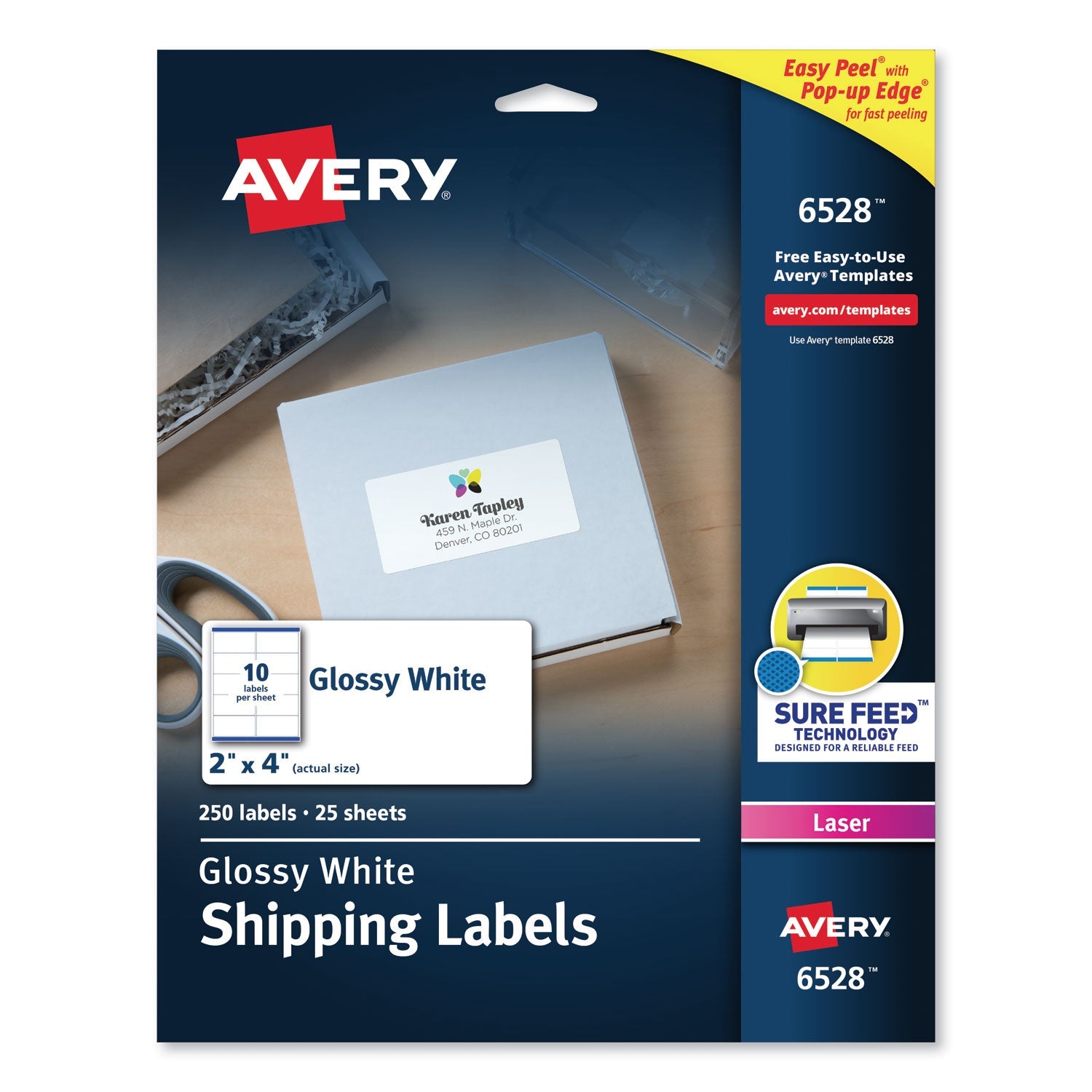 Avery Glossy White Easy Peel Mailing Labels w/ Sure Feed Technology, Laser Printers, 2 x 4, White, 10/Sheet, 25 Sheets/Pack
