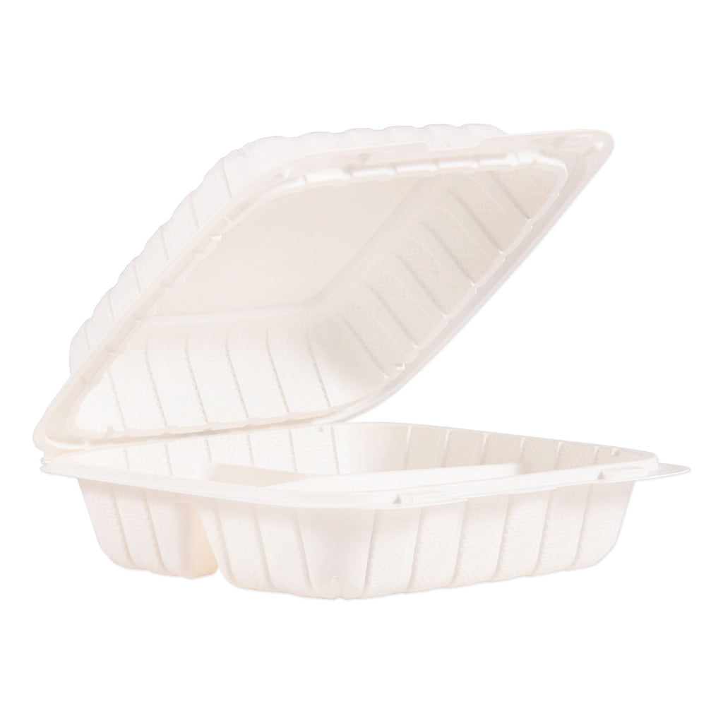 ProPlanet Hinged Lid Containers, 3-Compartment, 8.3 x 8 x 3, White, Plastic, 150/Carton