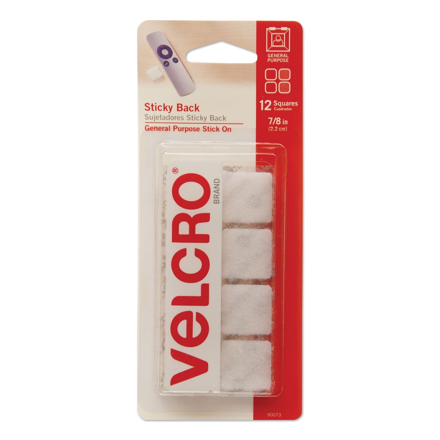 VELCRO Sticky-Back Fasteners, Removable Adhesive, 0.88" x 0.88", White, 12/Pack