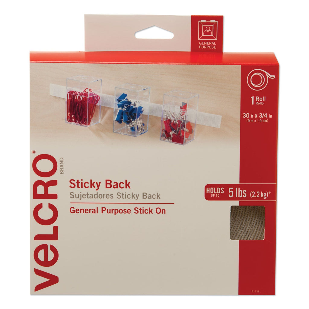 VELCRO Sticky-Back Fasteners, Removable Adhesive, 0.75" x 30 ft, White