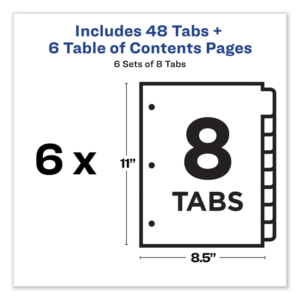 Avery Customizable TOC Ready Index Multicolor Tab Dividers, 8-Tab, 1 to 8, 11 x 8.5, White, Traditional Color Tabs, 6 Sets