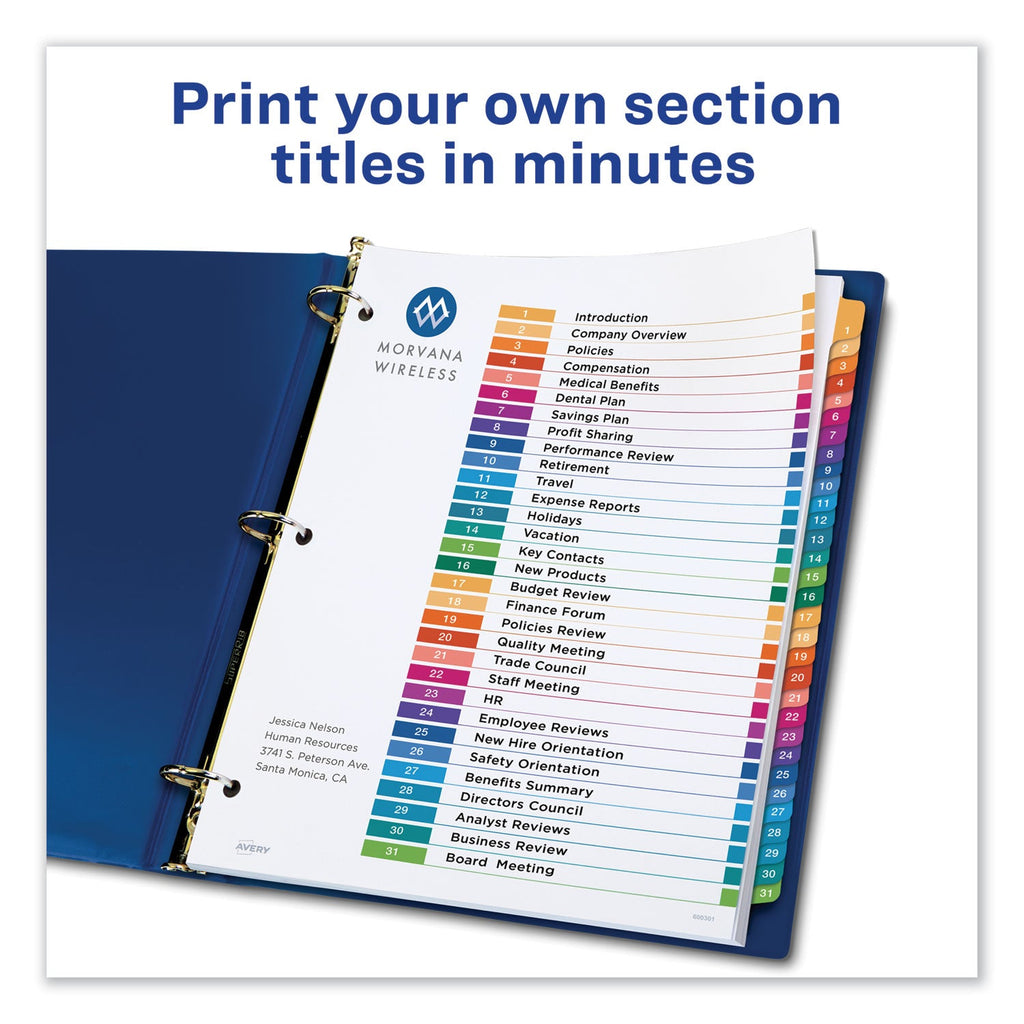 Avery Customizable TOC Ready Index Multicolor Tab Dividers, 31-Tab, 1 to 31, 11 x 8.5, White, Traditional Color Tabs, 1 Set
