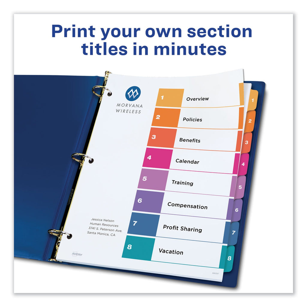 Avery Customizable TOC Ready Index Multicolor Tab Dividers, 8-Tab, 1 to 8, 11 x 8.5, White, Traditional Color Tabs, 6 Sets