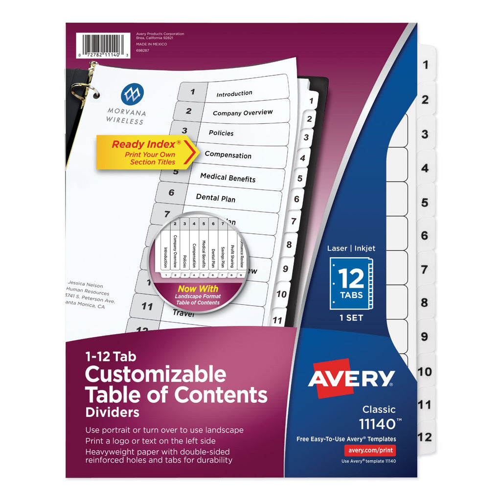 Avery Customizable TOC Ready Index Black and White Dividers, 12-Tab, 1 to 12, 11 x 8.5, 1 Set