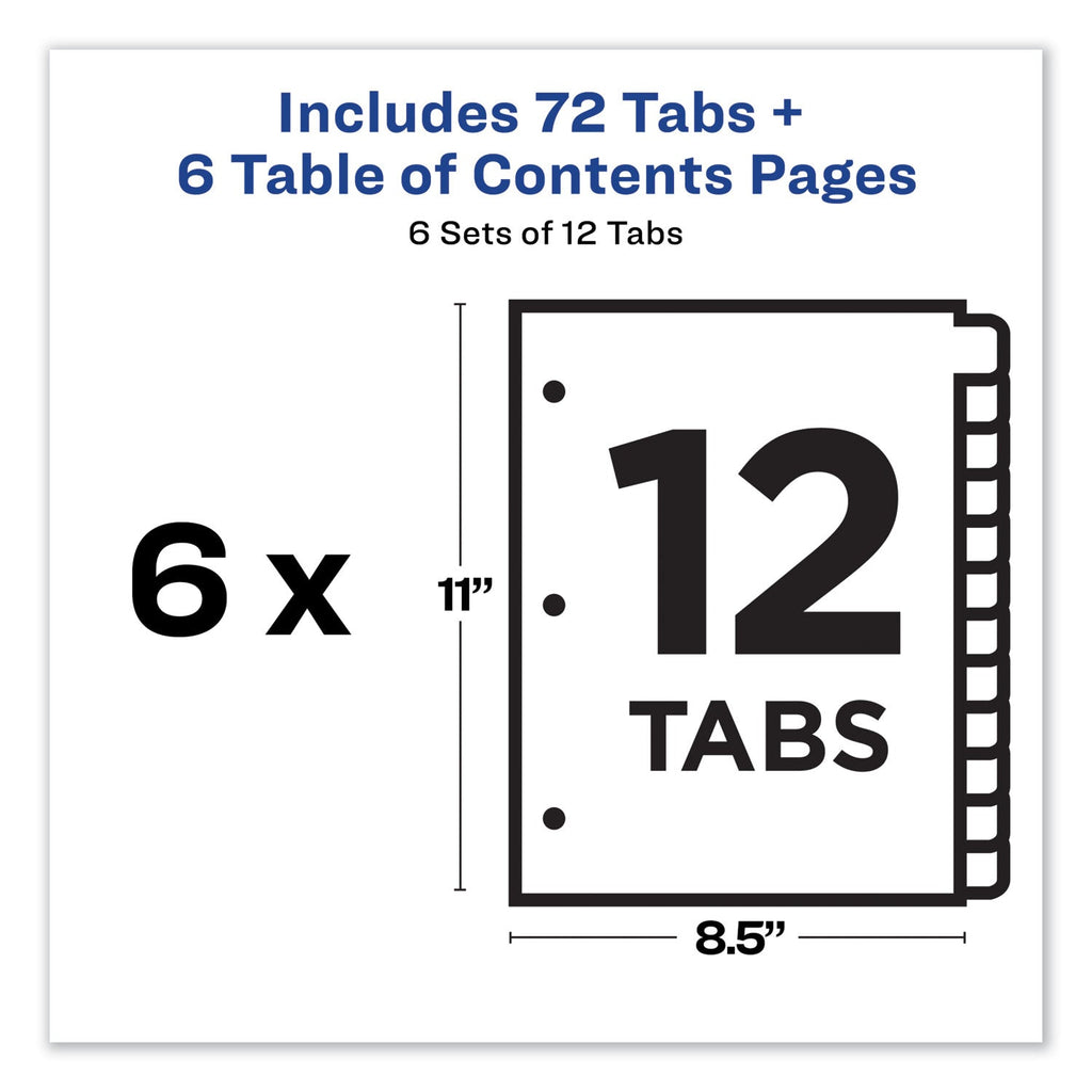 Avery Customizable TOC Ready Index Multicolor Tab Dividers, 12-Tab, 1 to 12, 11 x 8.5, White, Traditional Color Tabs, 6 Sets