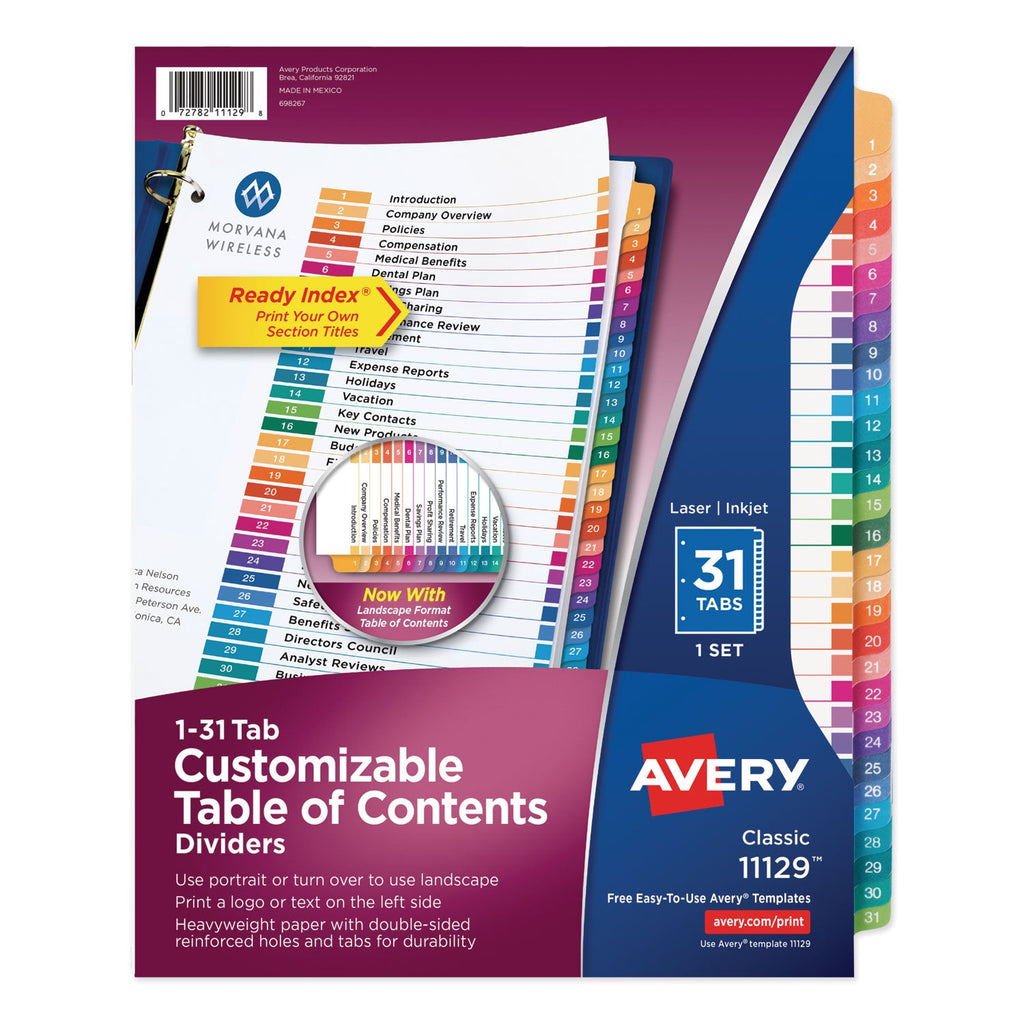 Avery Customizable TOC Ready Index Multicolor Tab Dividers, 31-Tab, 1 to 31, 11 x 8.5, White, Traditional Color Tabs, 1 Set