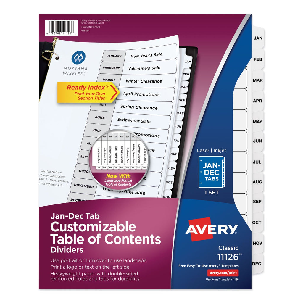 Avery Customizable TOC Ready Index Black and White Dividers, 12-Tab, Jan. to Dec., 11 x 8.5, 1 Set