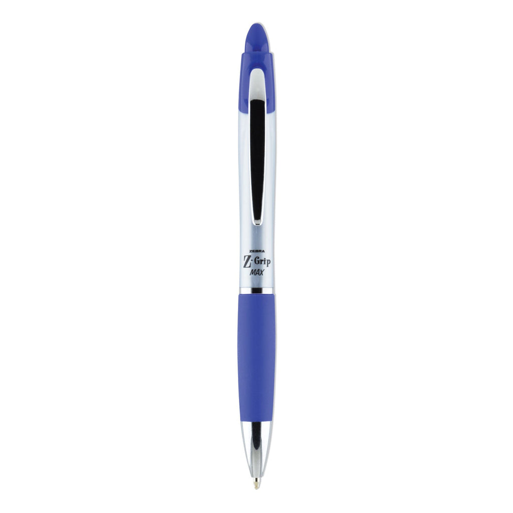 Zebra Z-Grip MAX Ballpoint Pen, Retractable, Medium 1 mm, Blue Ink, Silver Barrel, 12/Pack