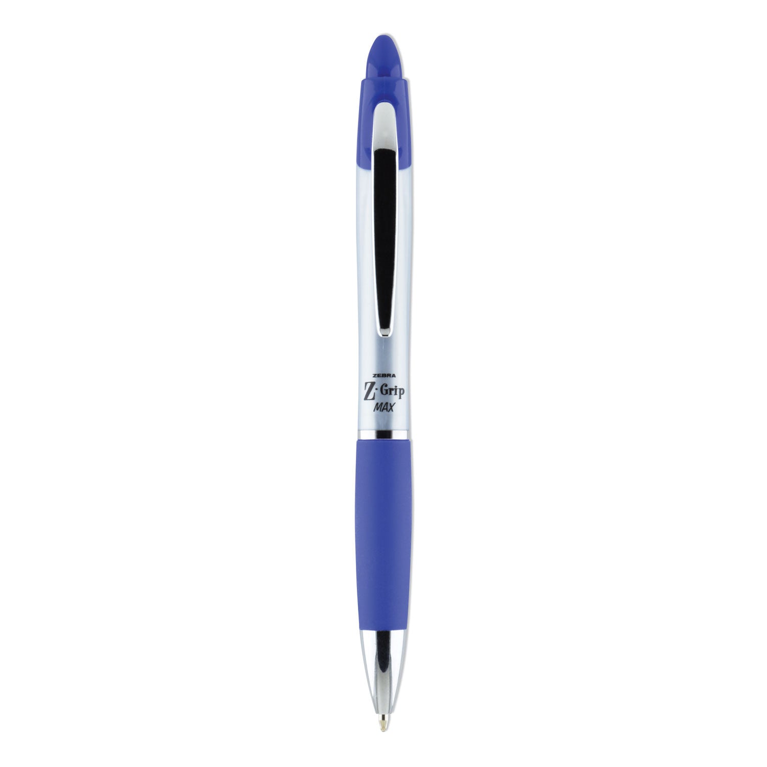 Zebra Z-Grip MAX Ballpoint Pen, Retractable, Medium 1 mm, Blue Ink, Silver Barrel, 12/Pack