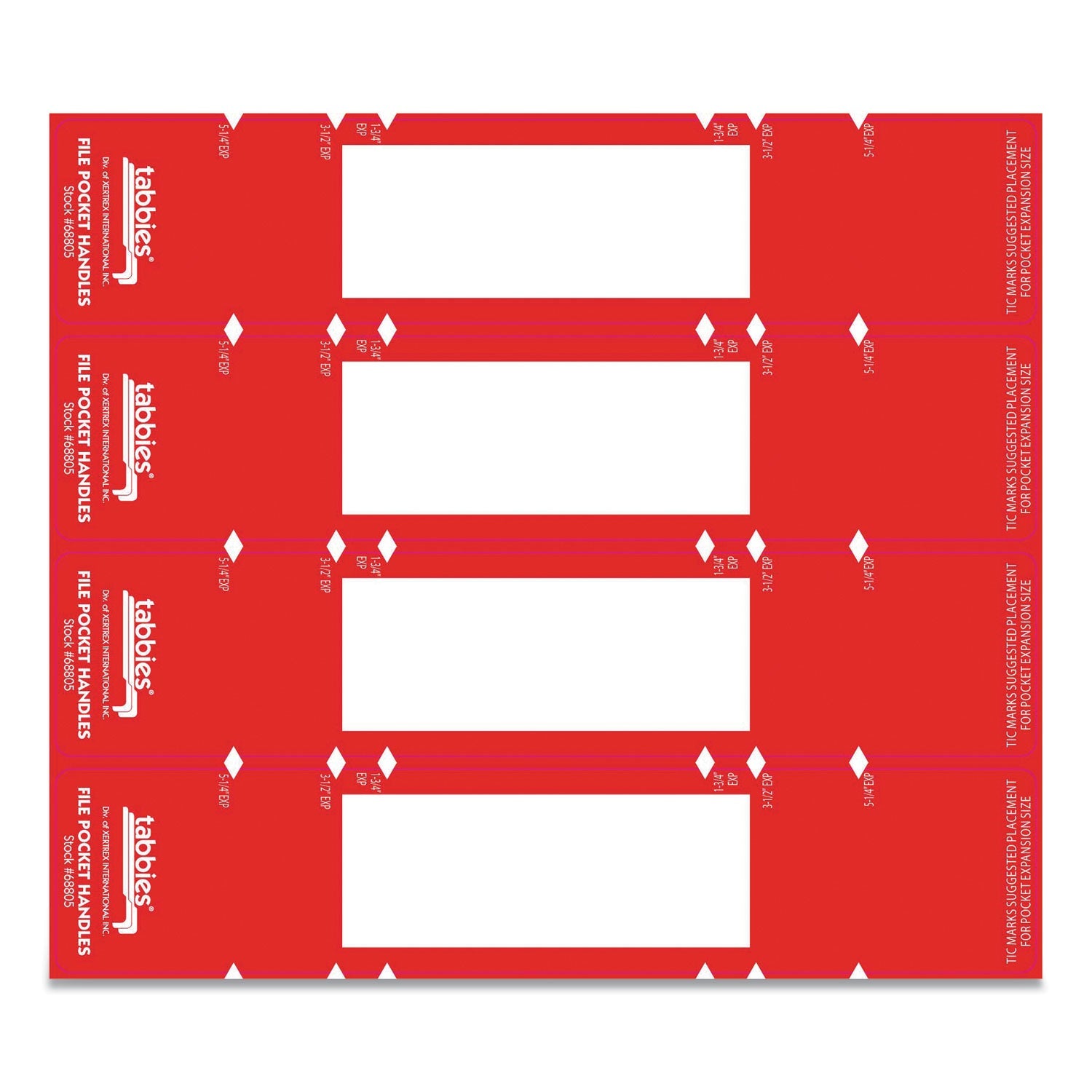 Tabbies File Pocket Handles, 9.63 x 2, Red/White, 4/Sheet, 12 Sheets/Pack