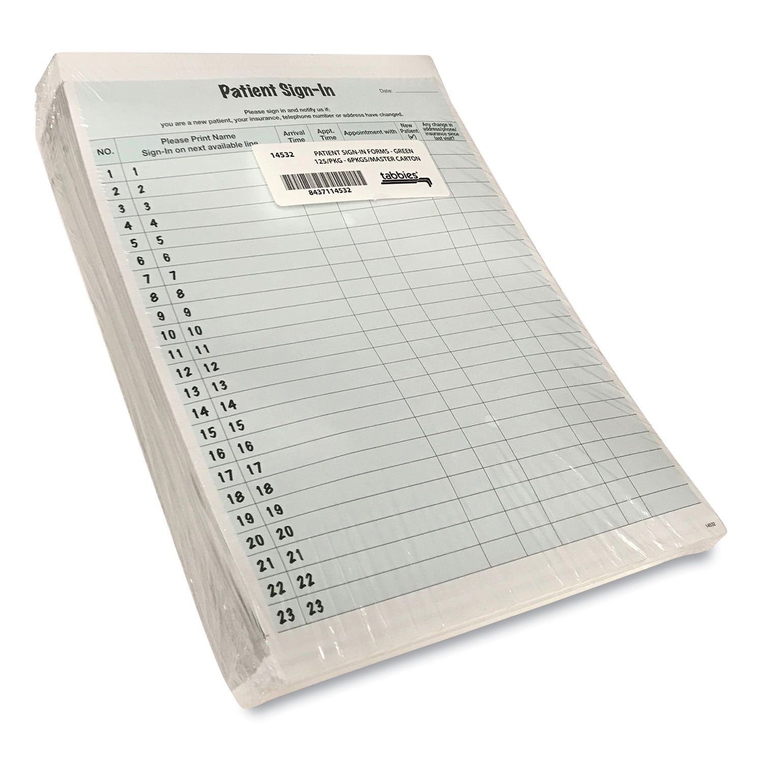 Tabbies Patient Sign-In Label Forms, Two-Part Carbon, 8.5 x 11.63, Green, 1/Page, 125 Forms
