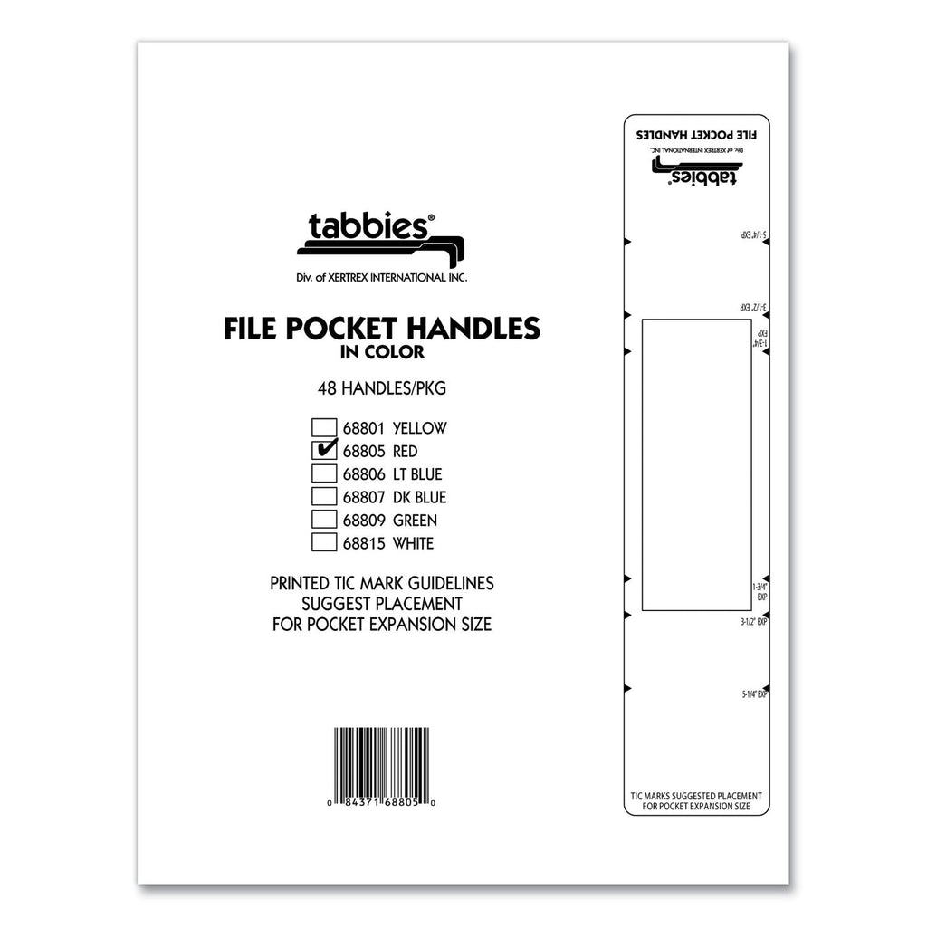 Tabbies File Pocket Handles, 9.63 x 2, Red/White, 4/Sheet, 12 Sheets/Pack