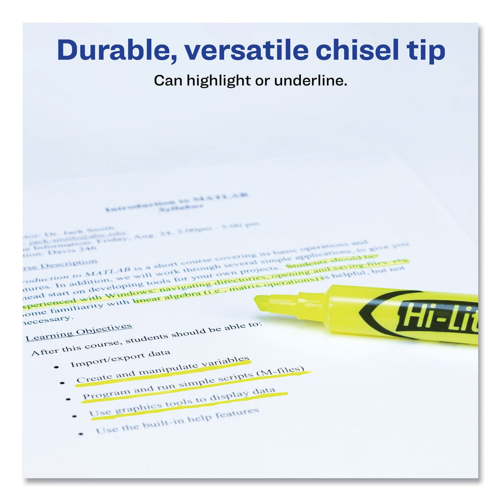 Avery HI-LITER Desk-Style Highlighters, Fluorescent Yellow Ink, Chisel Tip, Yellow/Black Barrel, Dozen