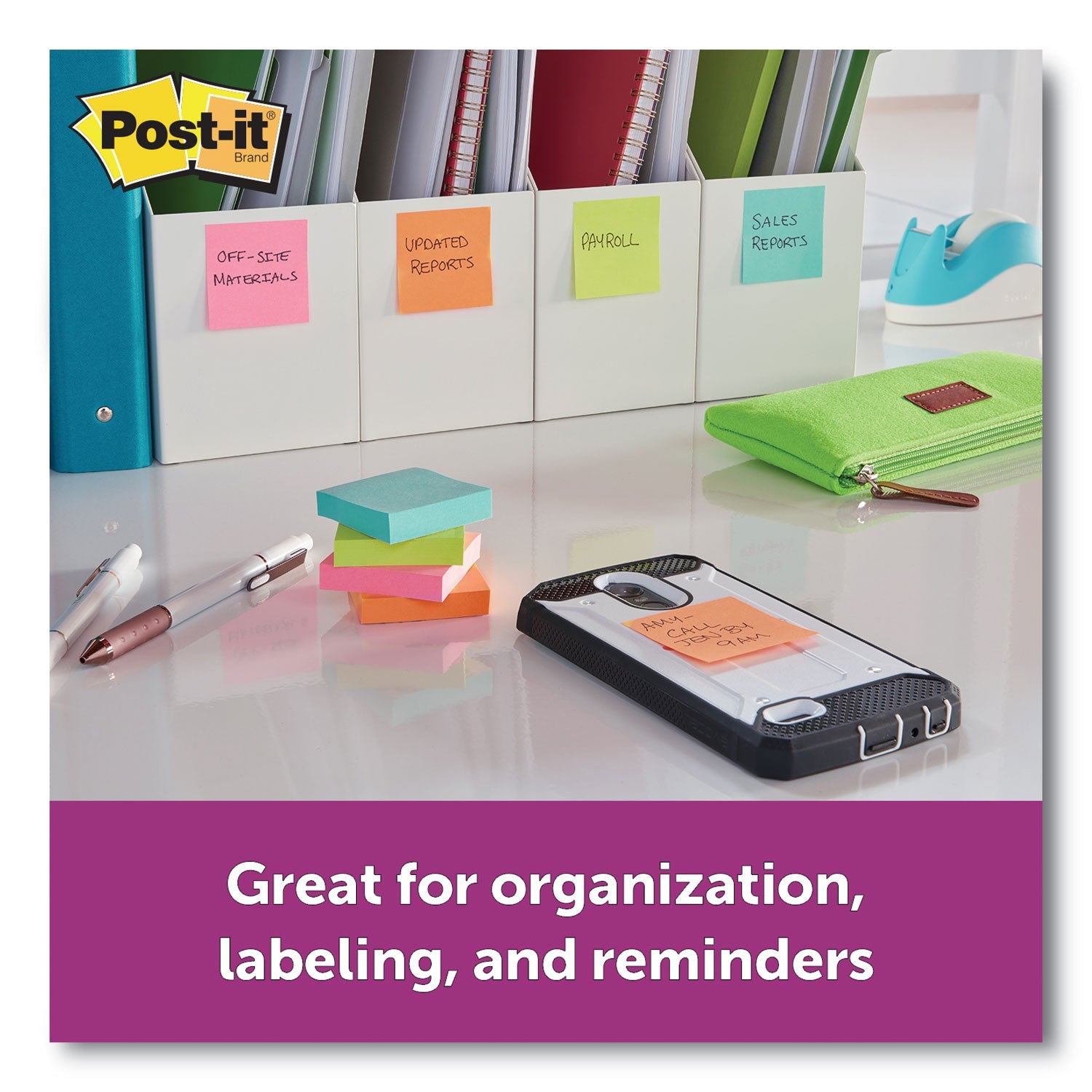Post-it Pads in Supernova Neon Collection Colors, 3" x 3", 90 Sheets/Pad, 5 Pads/Pack