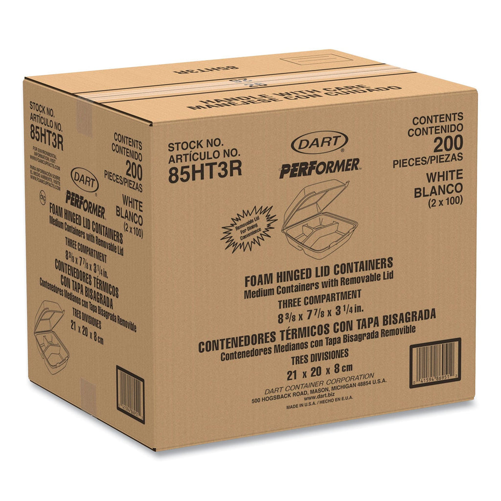 Dart Foam Hinged Lid Containers, 3-Compartment, 8.38 x 7.78 x 3.25, 200/Carton