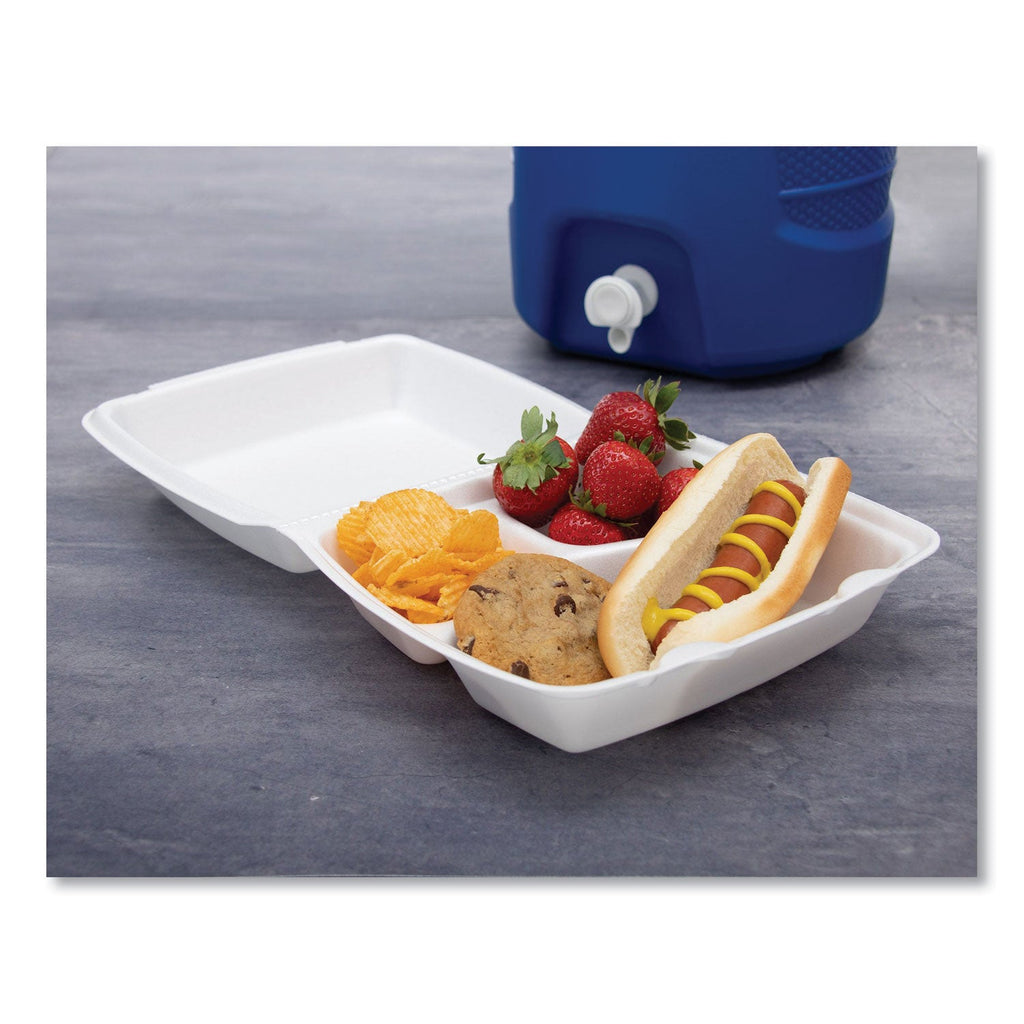 Dart Foam Hinged Lid Containers, 3-Compartment, 8.38 x 7.78 x 3.25, 200/Carton