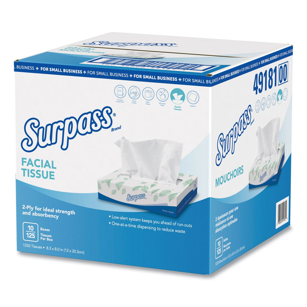 Surpass Facial Tissue, 2-Ply, White, Flat Box, 125/Box, 10 Boxes/Carton