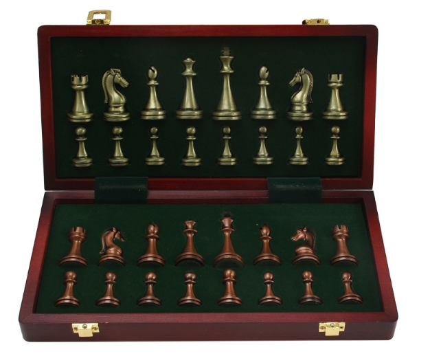 Chess deluxe gift box metal bronze folding board game chess gifts