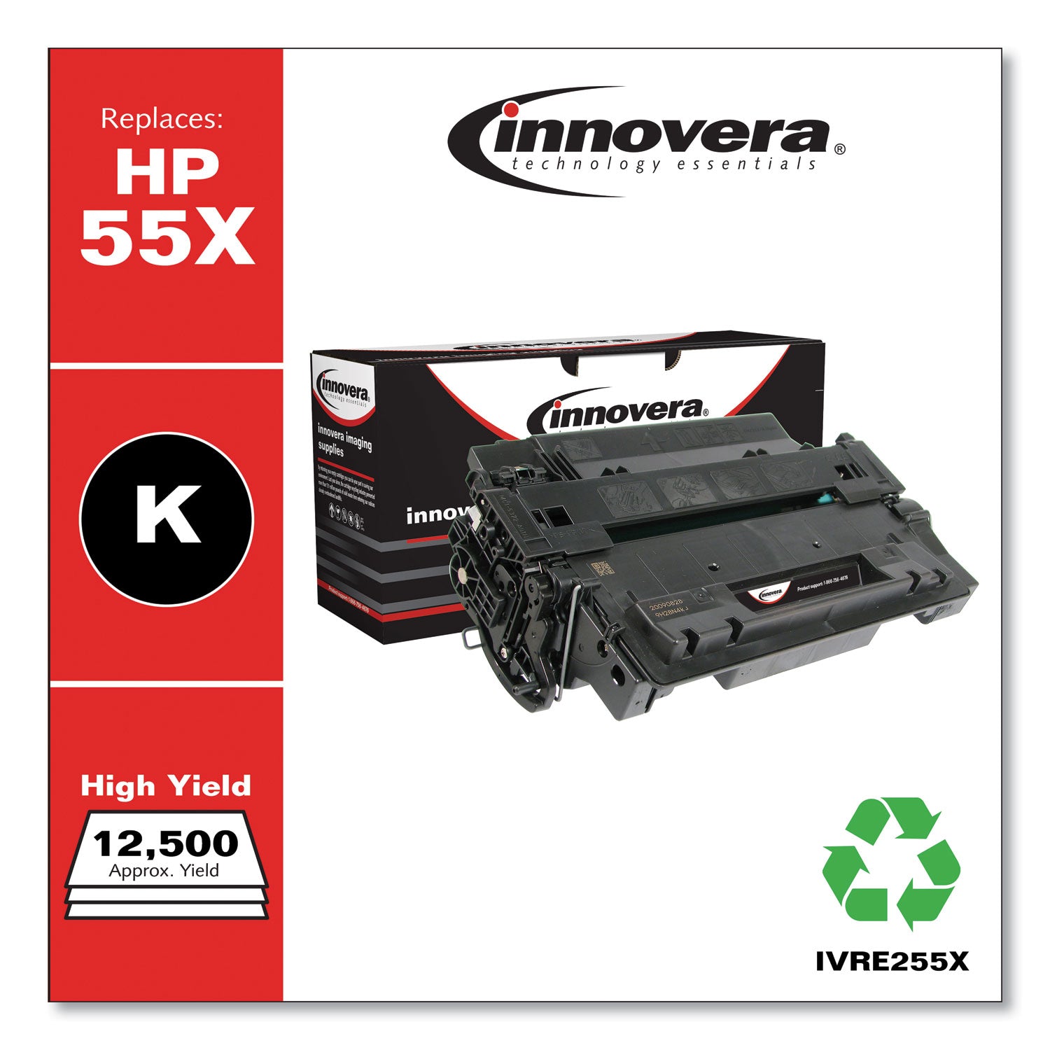 Innovera Remanufactured Black High-Yield Toner, Replacement for 55X (CE255X), 12,500 Page-Yield