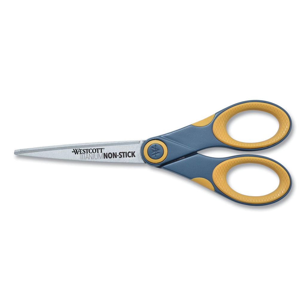Westcott Non-Stick Titanium Bonded Scissors, 7" Long, 3" Cut Length, Gray/Yellow Straight Handle