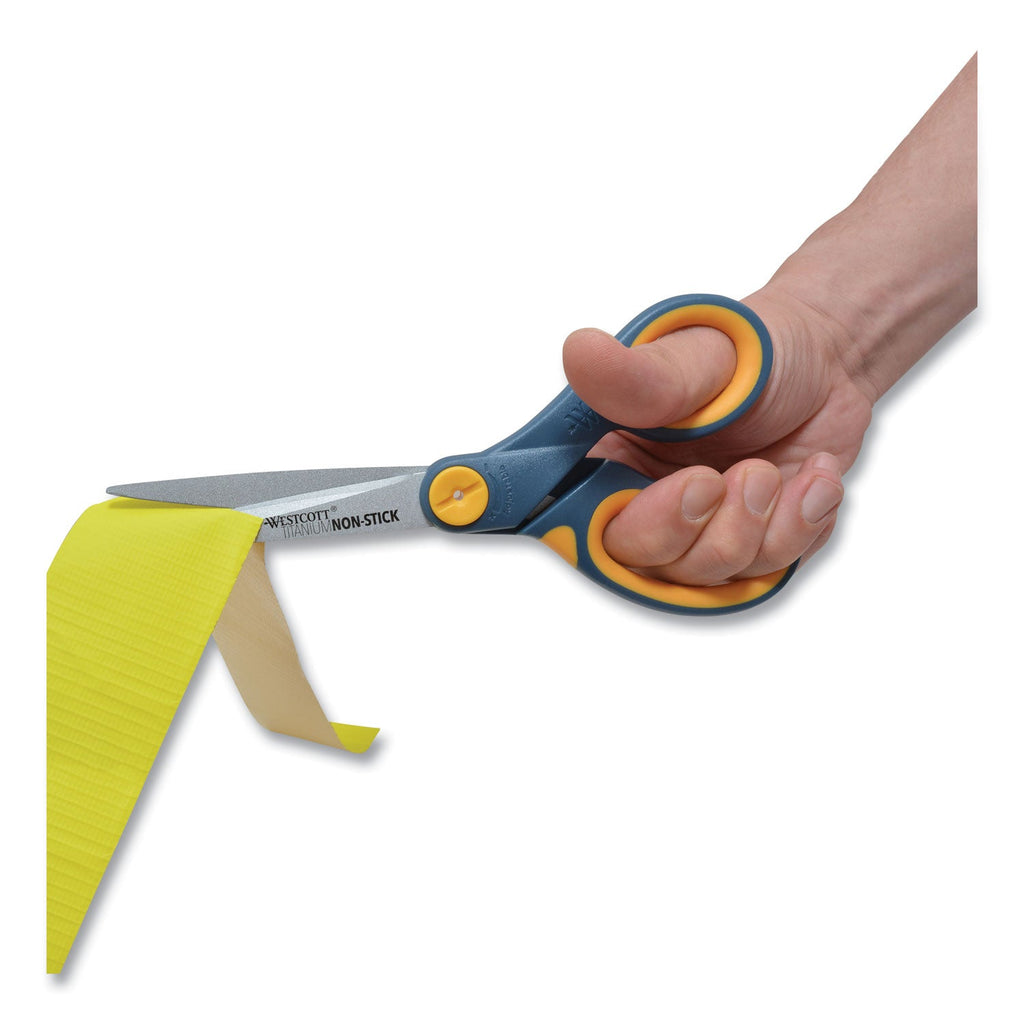Westcott Non-Stick Titanium Bonded Scissors, 8" Long, 3.25" Cut Length, Gray/Yellow Straight Handle