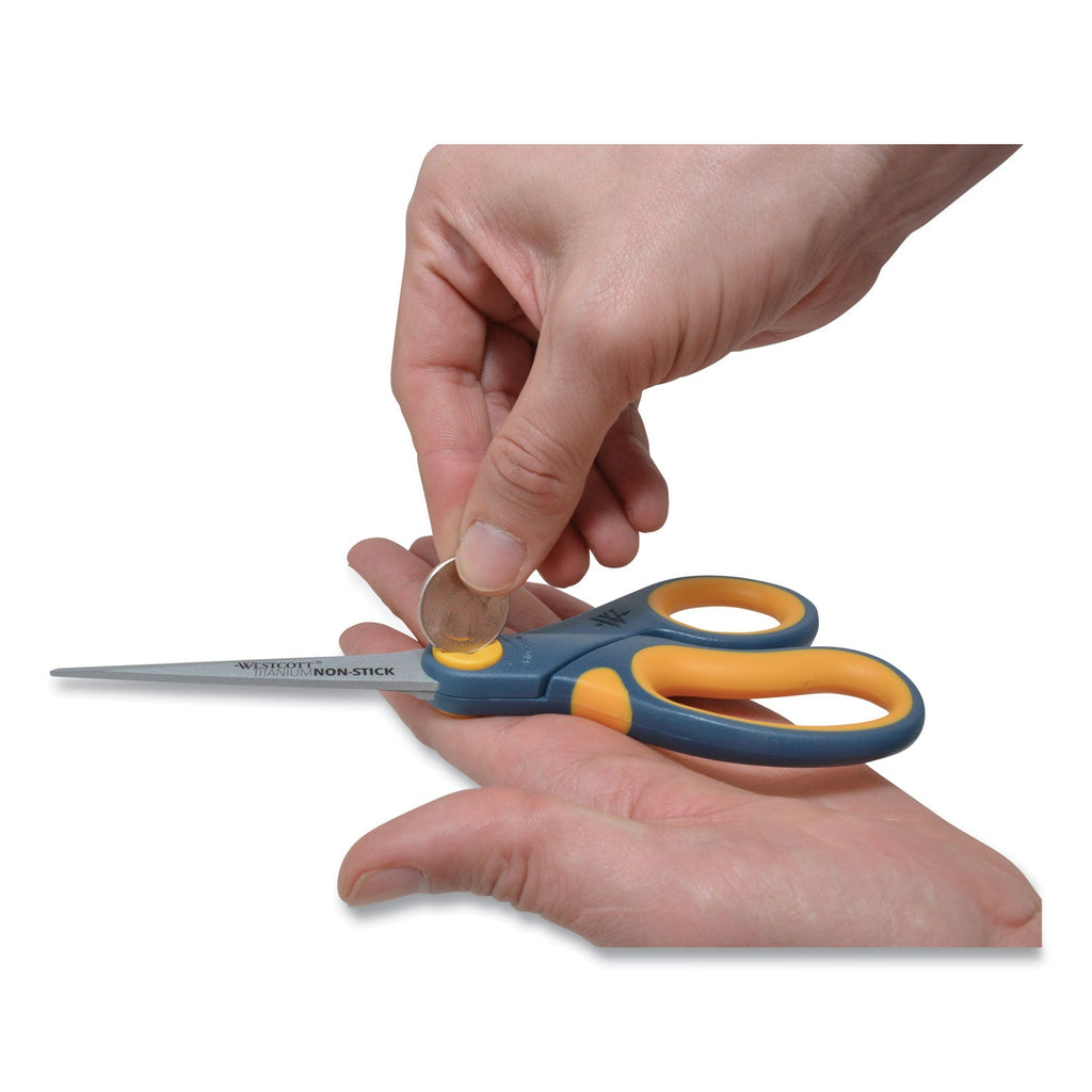 Westcott Non-Stick Titanium Bonded Scissors, 8" Long, 3.25" Cut Length, Gray/Yellow Straight Handle