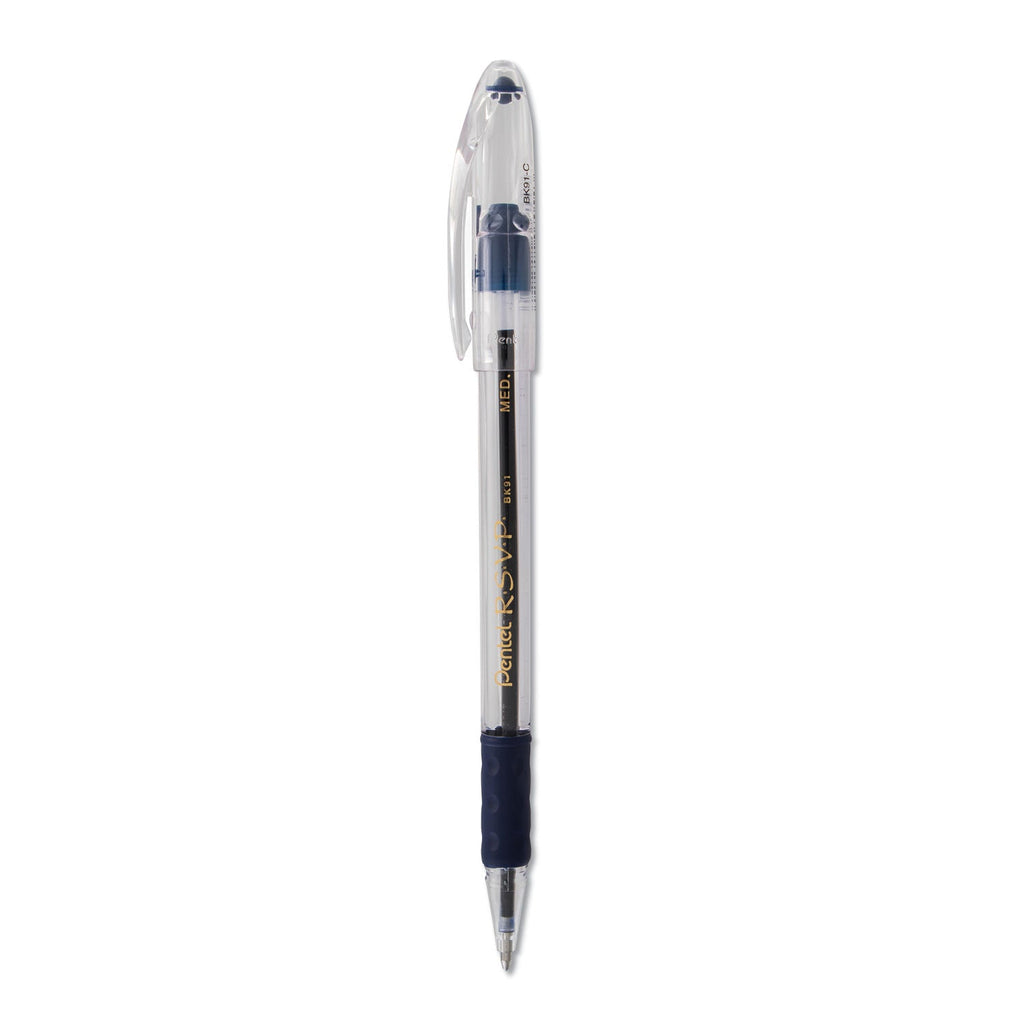 Pentel R.S.V.P. Ballpoint Pen, Stick, Medium 1 mm, Blue Ink, Clear/Blue Barrel, Dozen