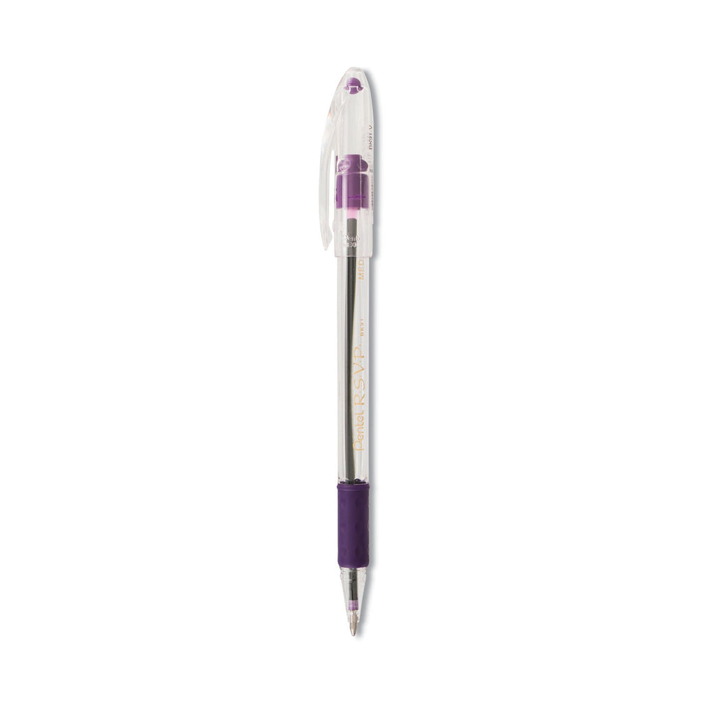 Pentel R.S.V.P. Ballpoint Pen, Stick, Medium 1 mm, Violet Ink, Clear/Violet Barrel, Dozen