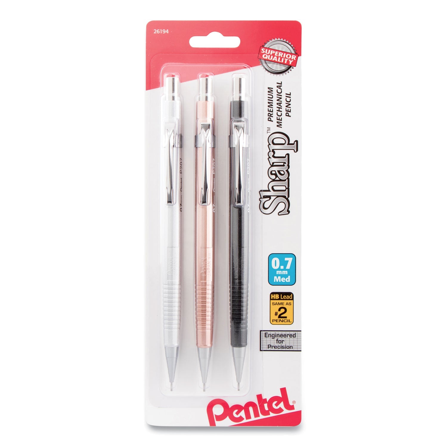Pentel Sharp Mechanical Pencil, 0.7 mm, HB (#2.5), Black Lead, Assorted Barrel Colors, 3/Pack