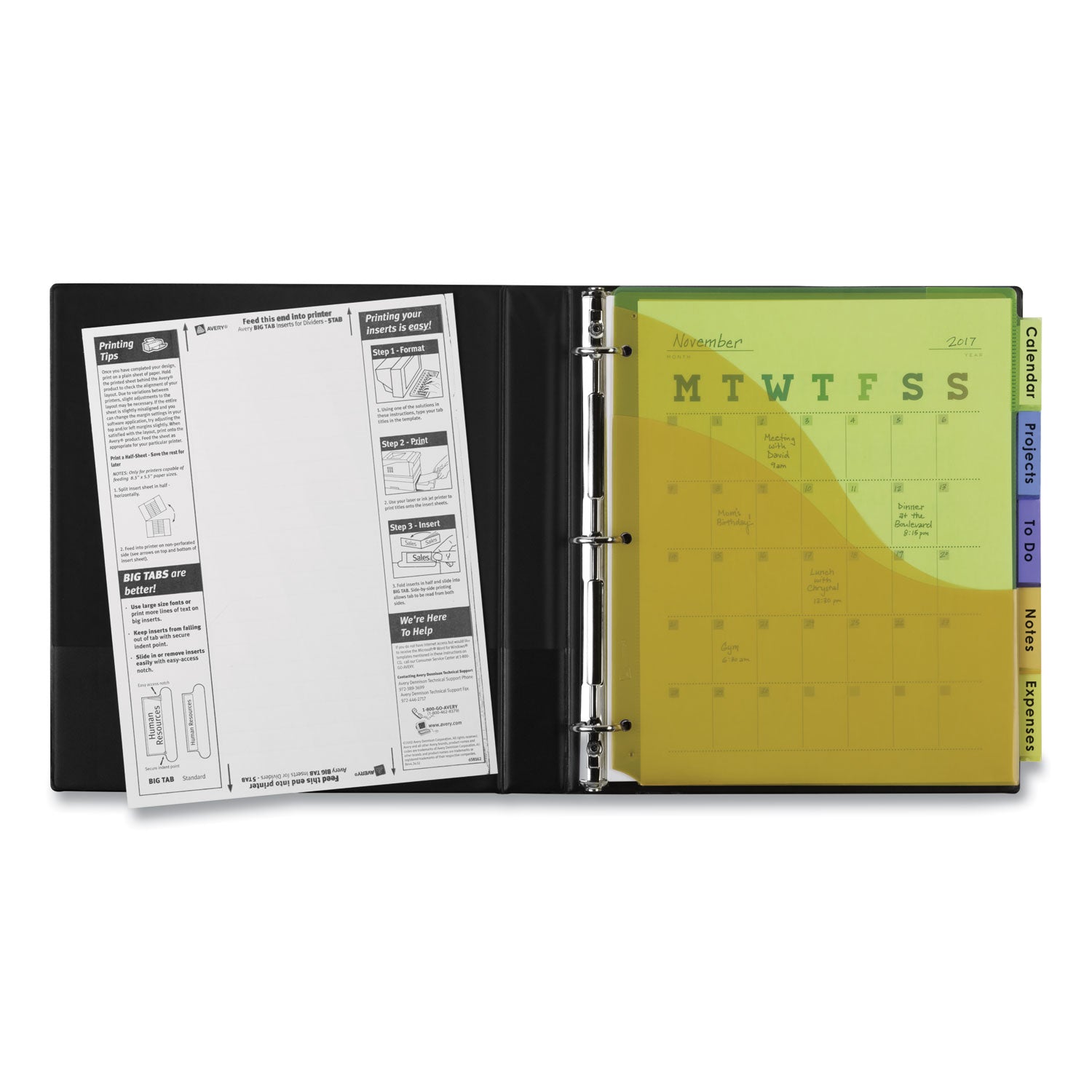 Avery Insertable Big Tab Plastic Three-Pocket Corner Lock Dividers, 5-Tab, 11.13 x 9.25, Assorted, 1 Set
