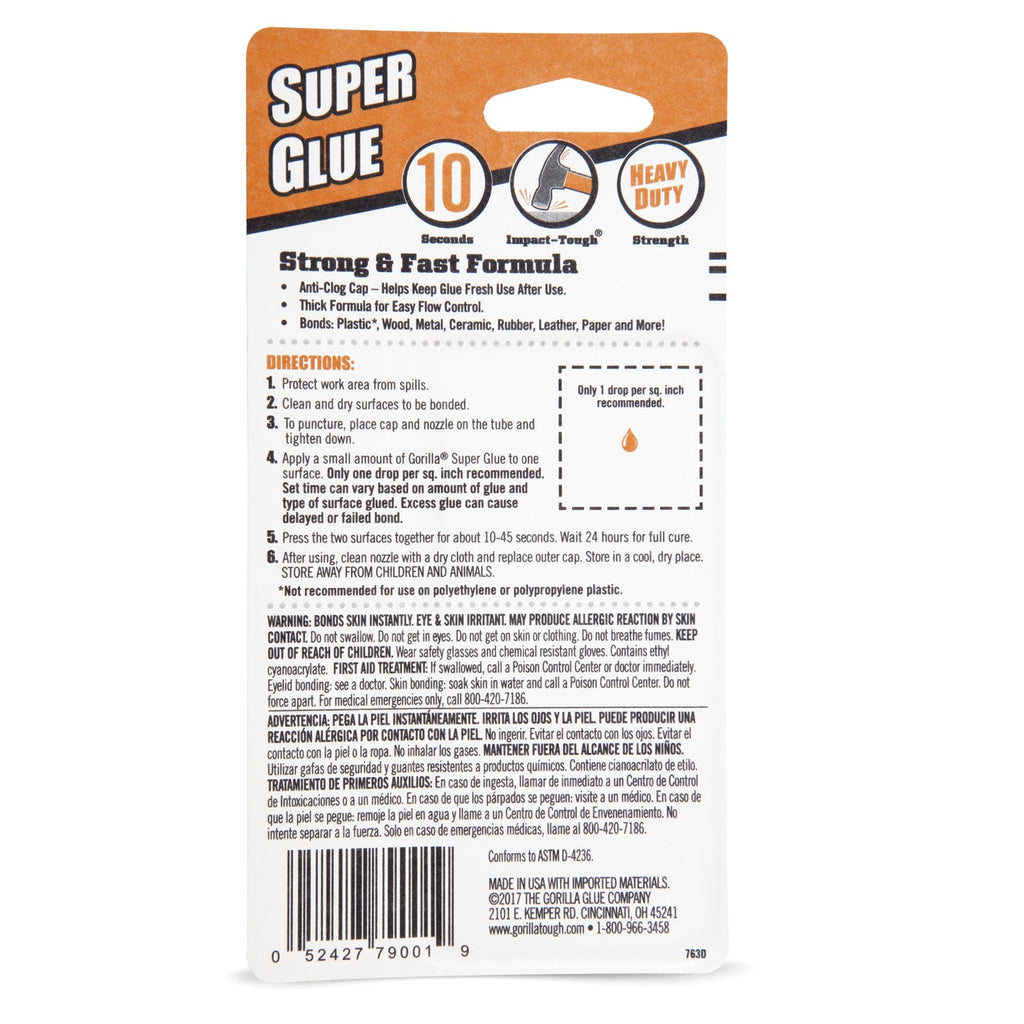 Gorilla Super Glue, 0.53 oz, Dries Clear, 4/Carton