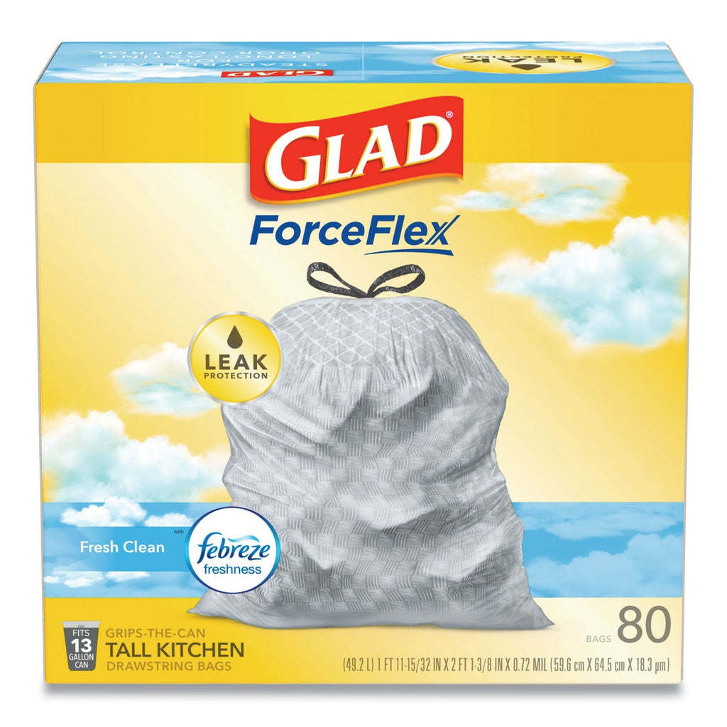 Glad OdorShield Tall Kitchen Drawstring Bags, 13 gal, 0.72 mil, 24" x 27.38", White, 80/Box