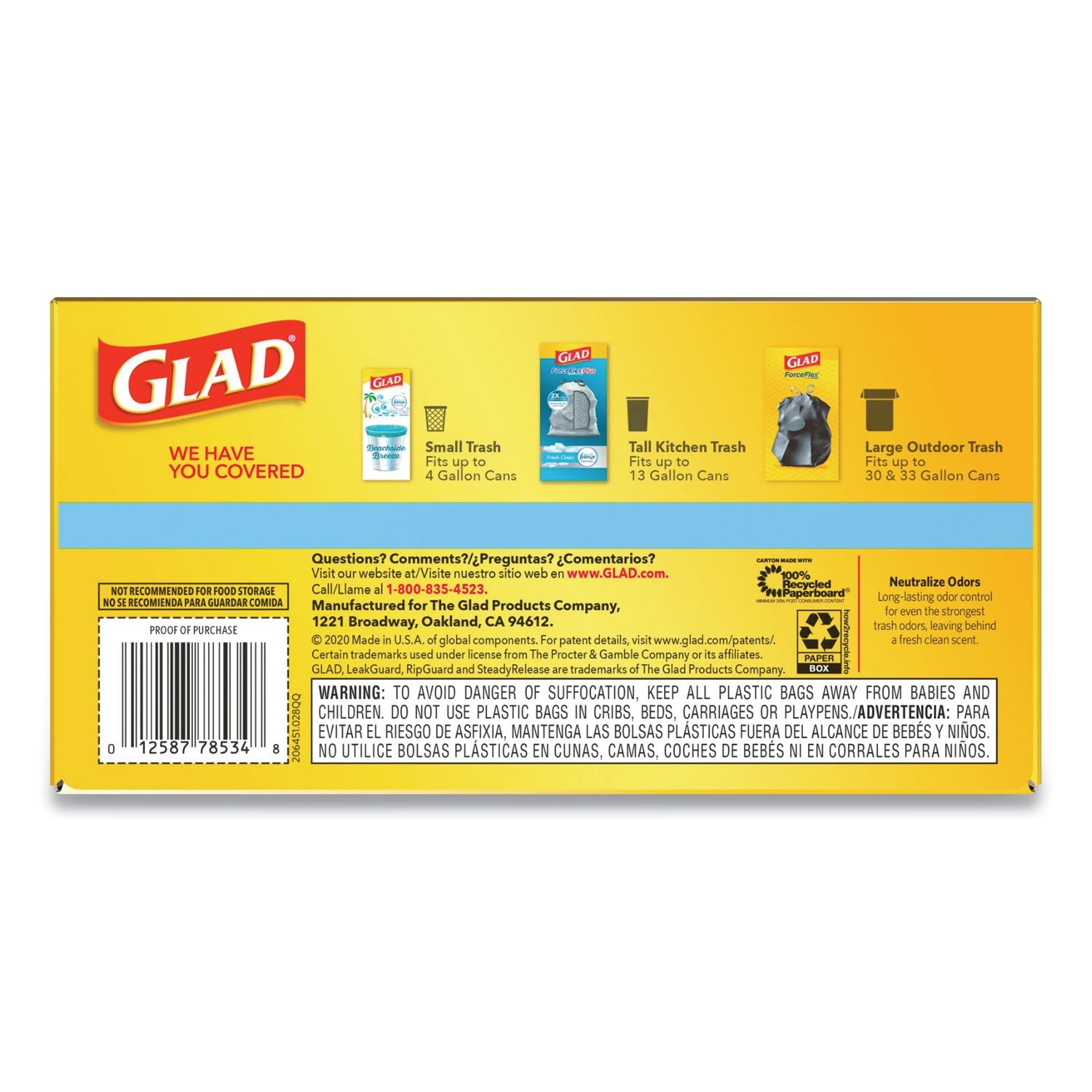 Glad OdorShield Tall Kitchen Drawstring Bags, 13 gal, 0.72 mil, 24" x 27.38", White, 80/Box