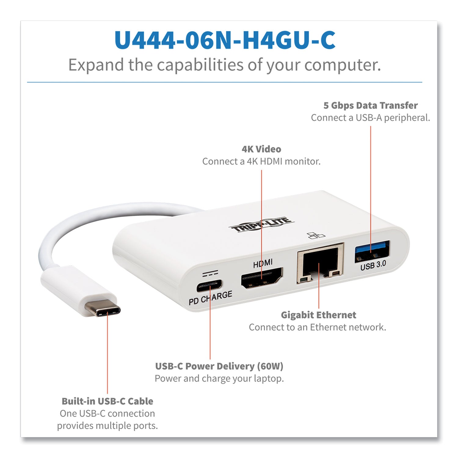 Tripp Lite 4K Dock with Charging and Ethernet, USB C/4K HDMI/USB A/PD Charging, White